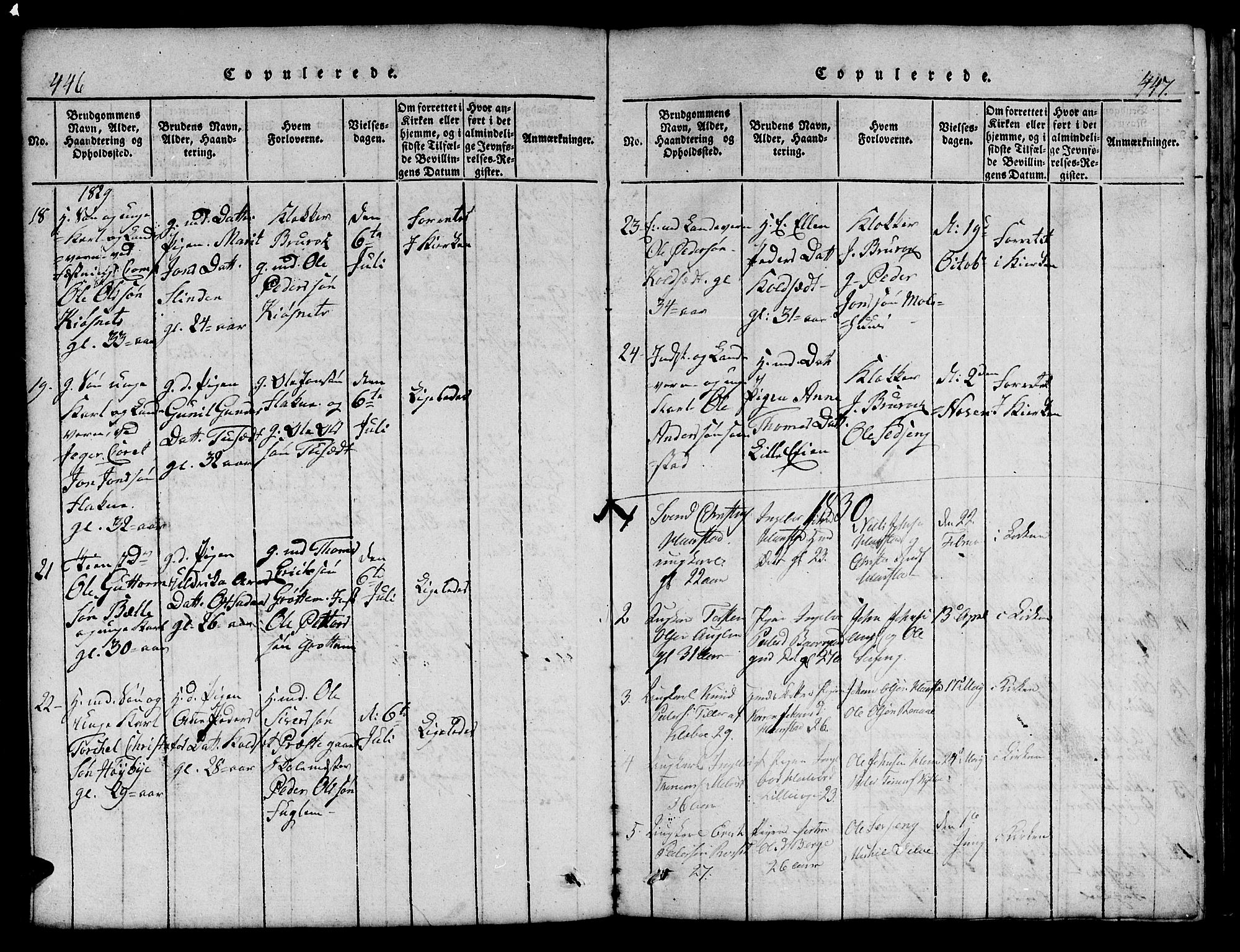 Ministerialprotokoller, klokkerbøker og fødselsregistre - Sør-Trøndelag, SAT/A-1456/695/L1152: Parish register (copy) no. 695C03, 1816-1831, p. 446-447