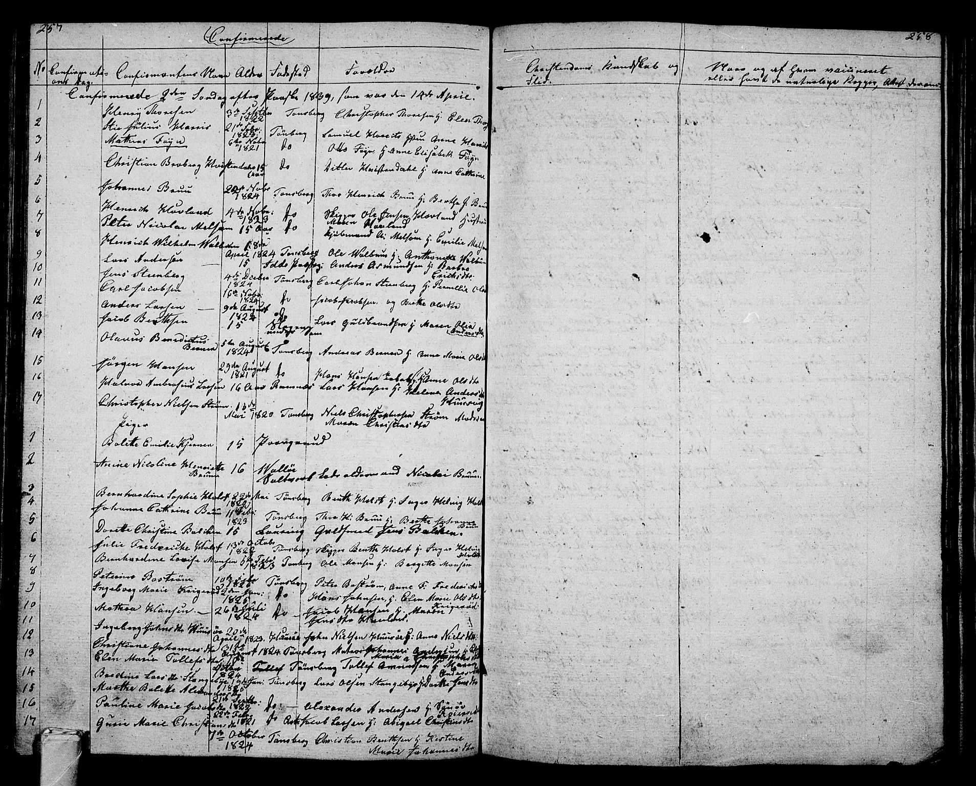 Tønsberg kirkebøker, AV/SAKO-A-330/G/Ga/L0002: Parish register (copy) no. 2, 1827-1854, p. 257-258