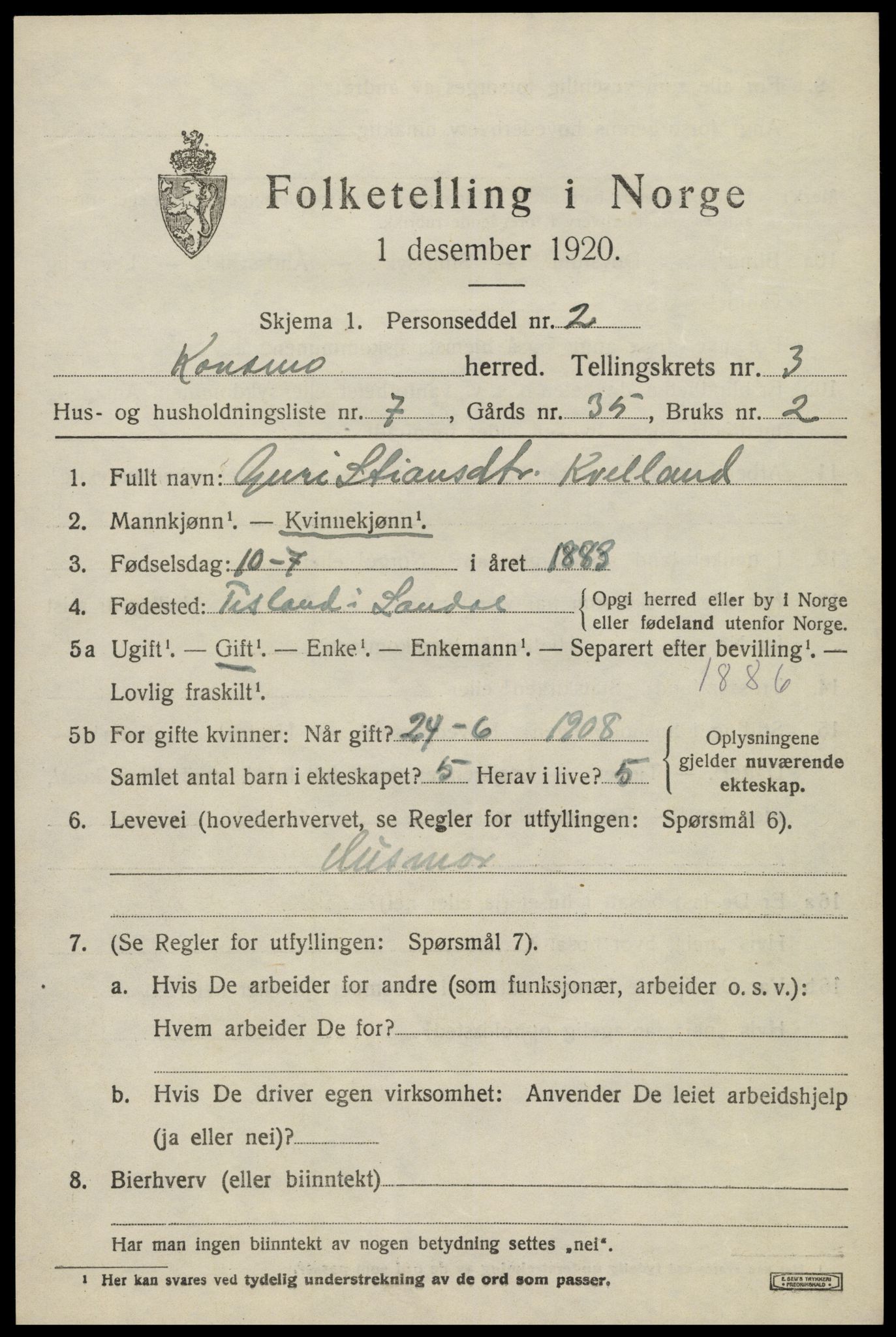 SAK, 1920 census for Konsmo, 1920, p. 1182