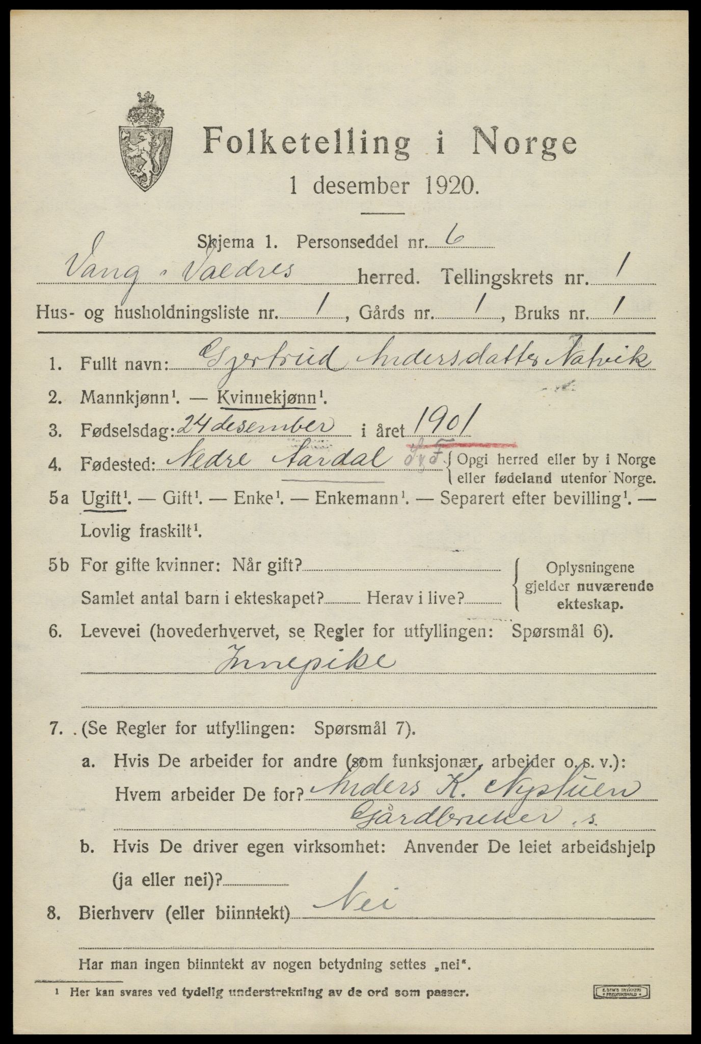 SAH, 1920 census for Vang (Oppland), 1920, p. 679