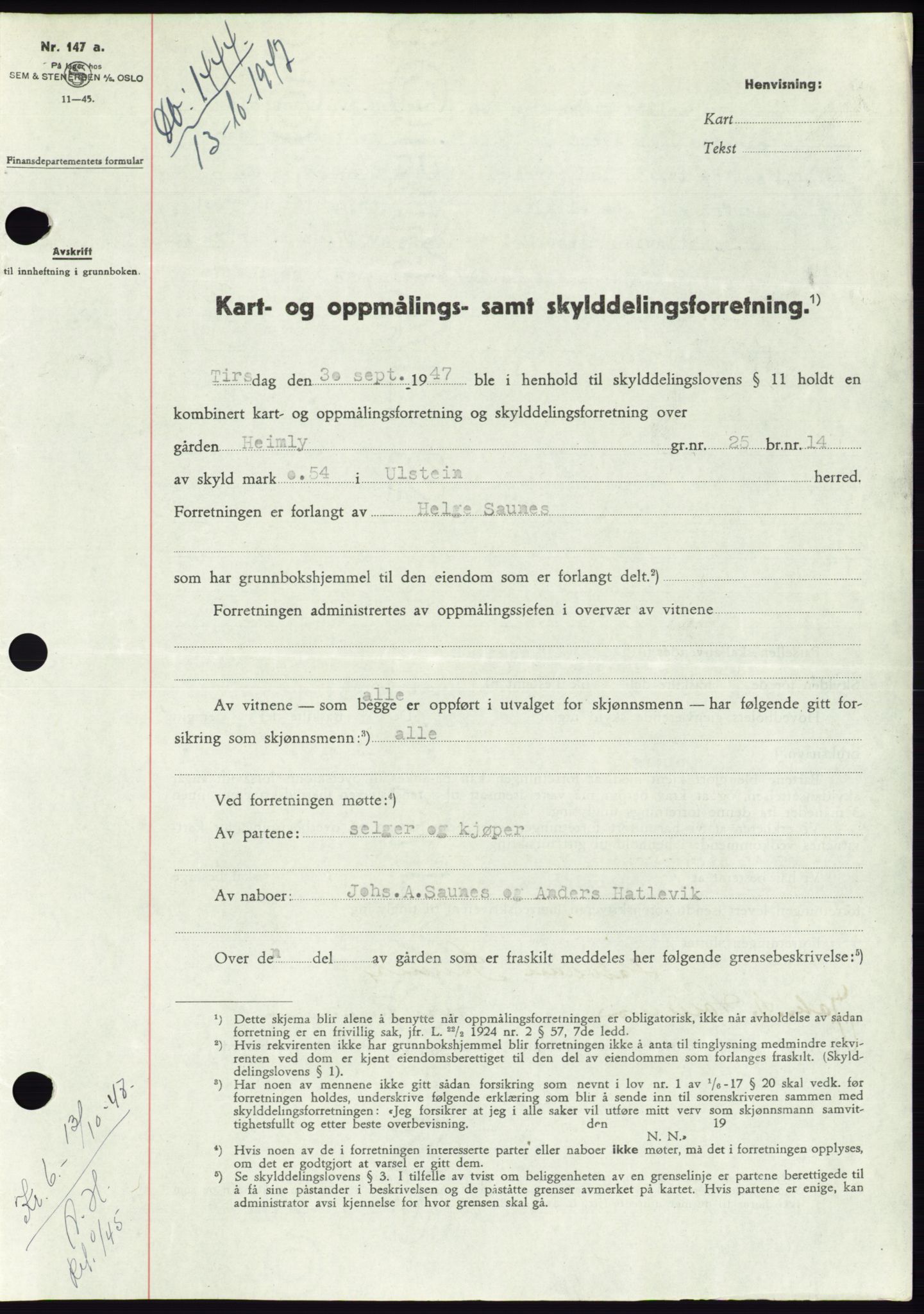 Søre Sunnmøre sorenskriveri, AV/SAT-A-4122/1/2/2C/L0081: Mortgage book no. 7A, 1947-1948, Diary no: : 1444/1947