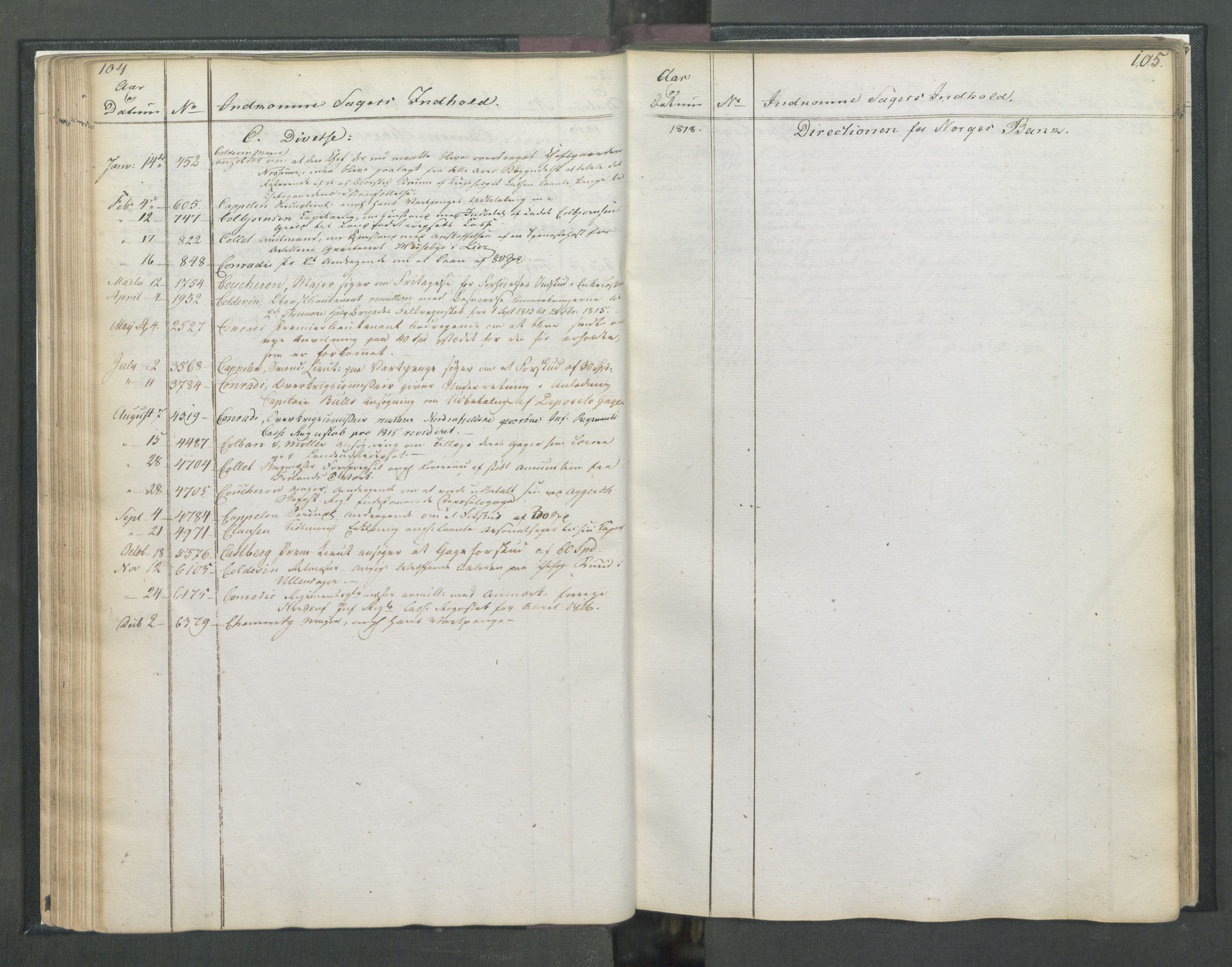 Armédepartementet, RA/RAFA-3493/C/Ca/L0017: 6. Departements Register Indg., 1818, p. 104-105