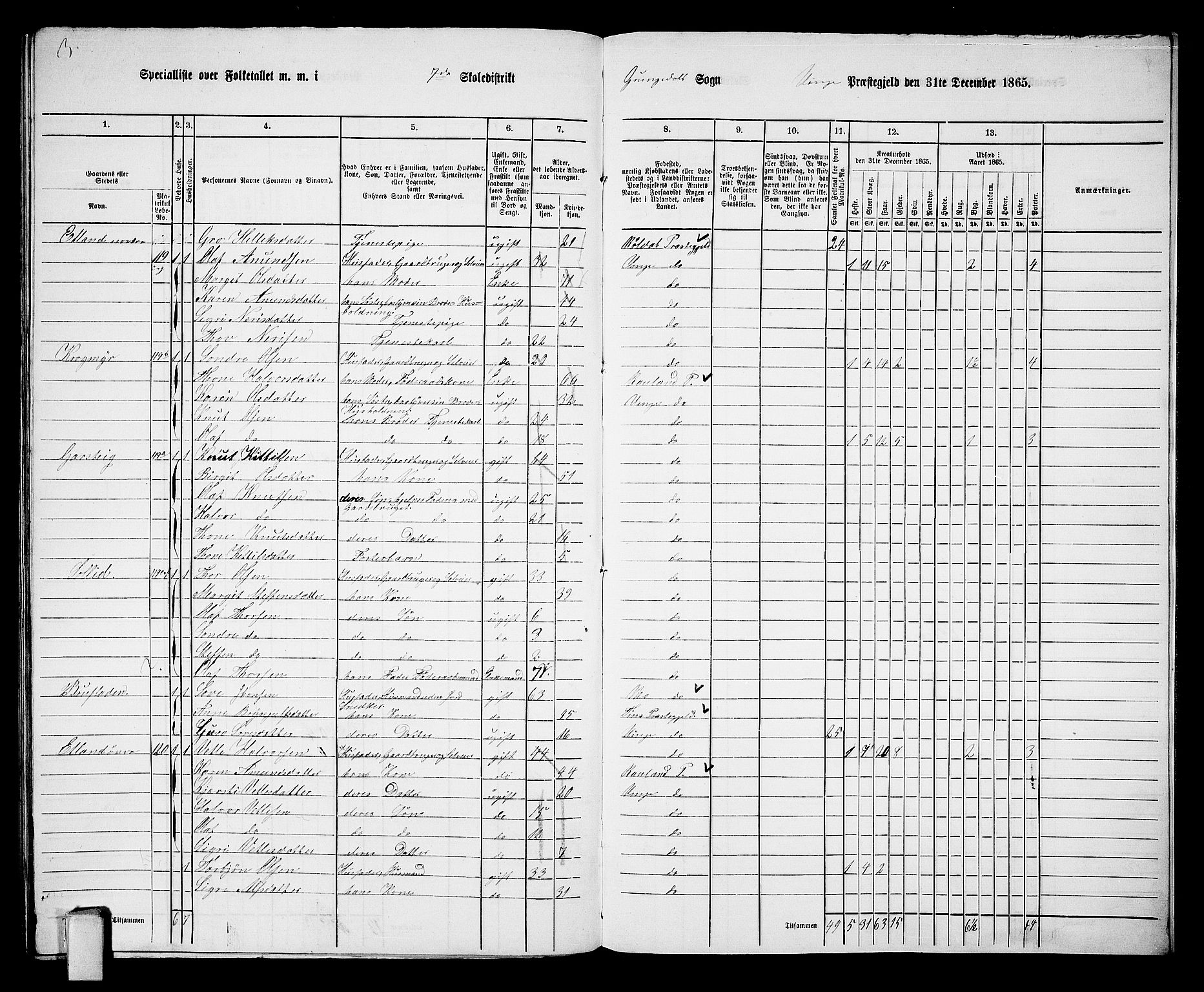 RA, 1865 census for Vinje, 1865, p. 71
