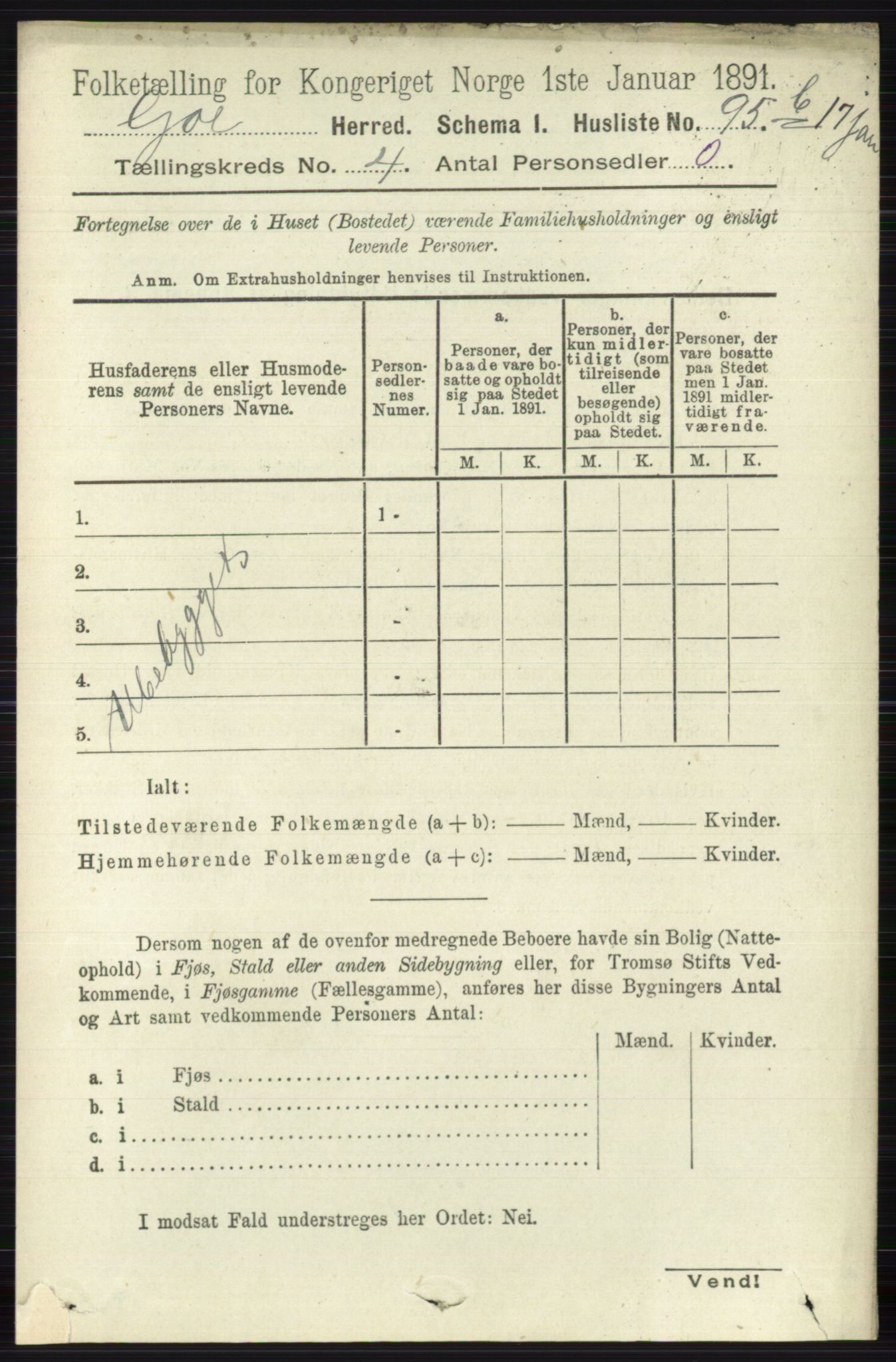 RA, 1891 census for 0617 Gol og Hemsedal, 1891, p. 1815