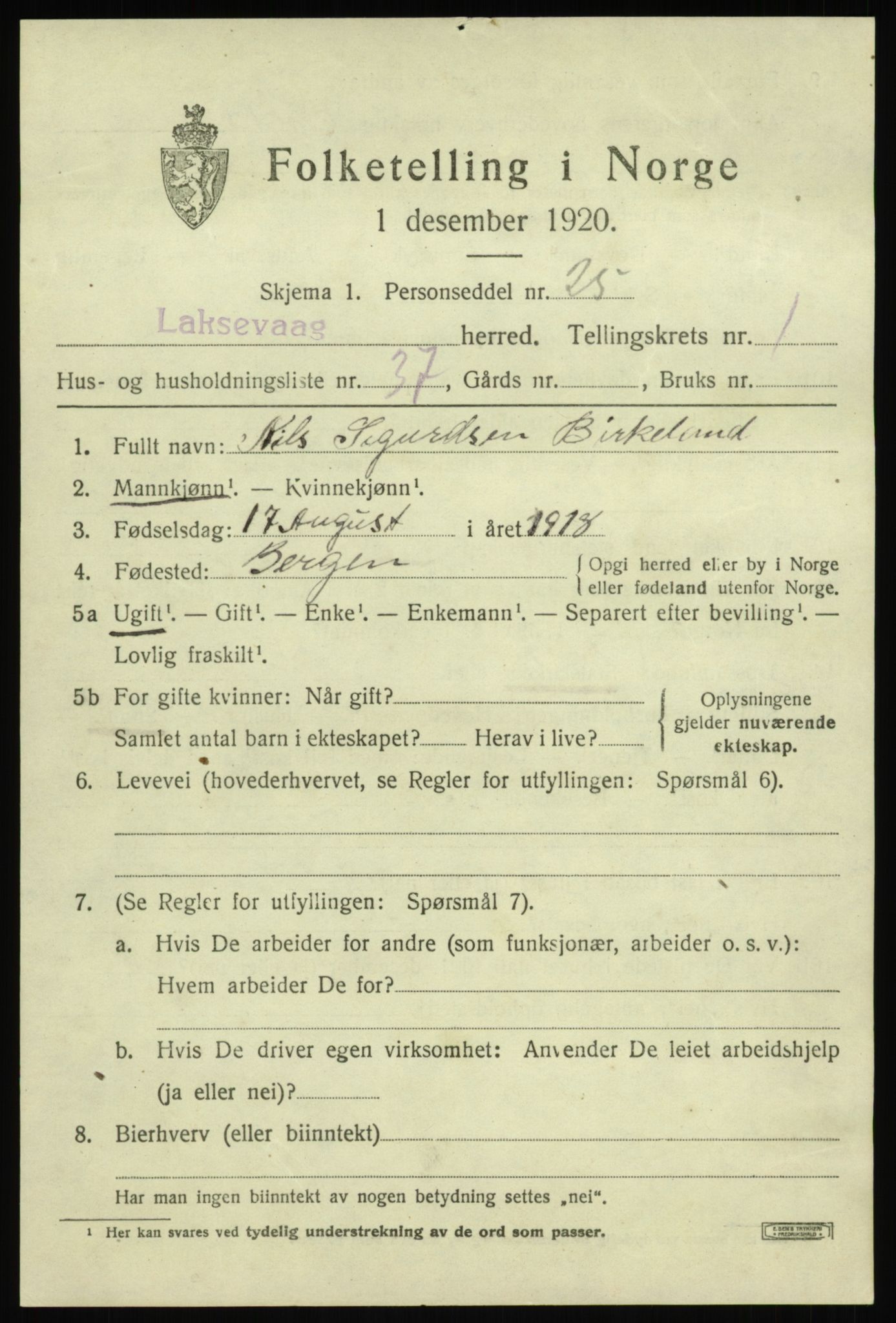 SAB, 1920 census for Laksevåg, 1920, p. 2892