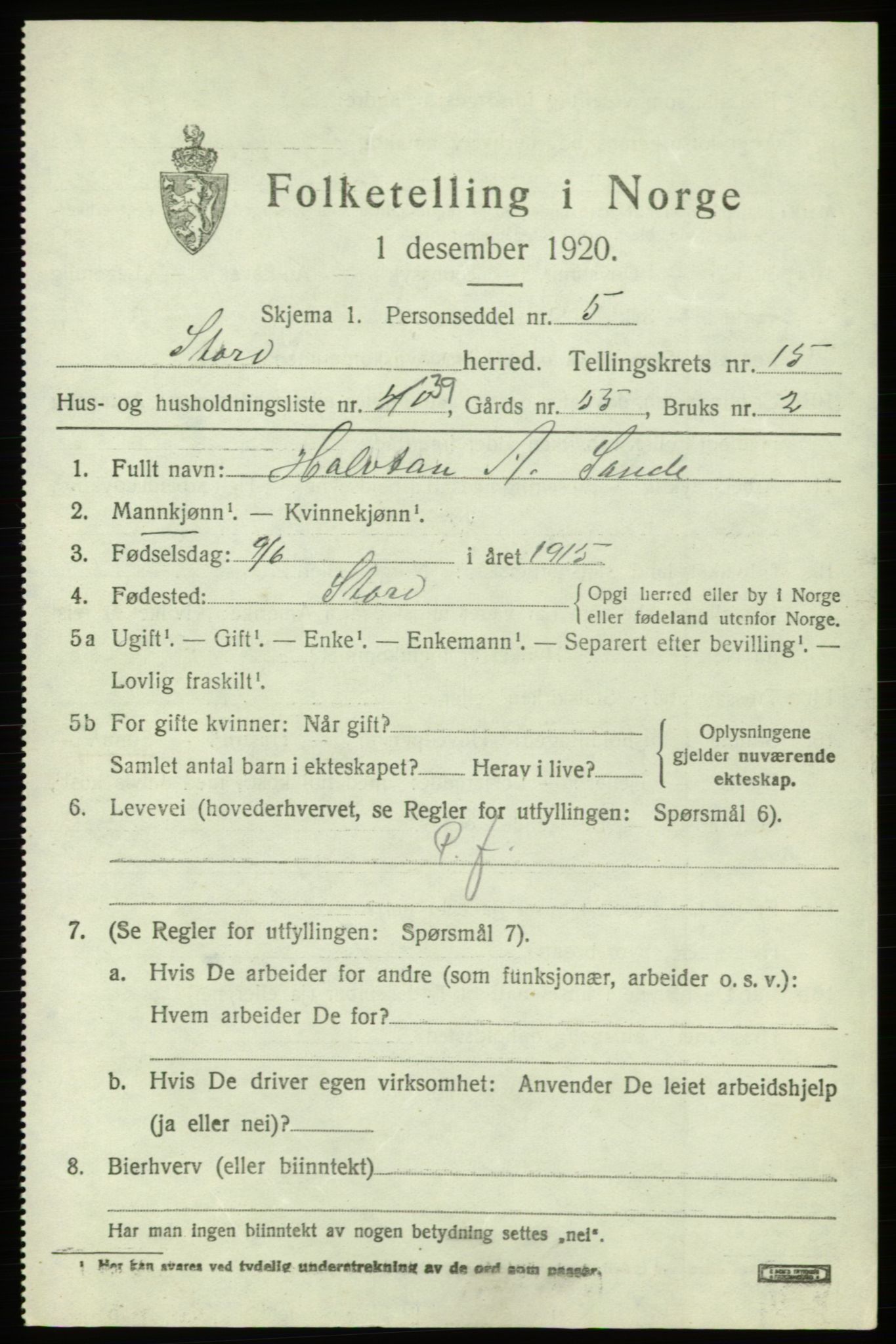 SAB, 1920 census for Stord, 1920, p. 8675