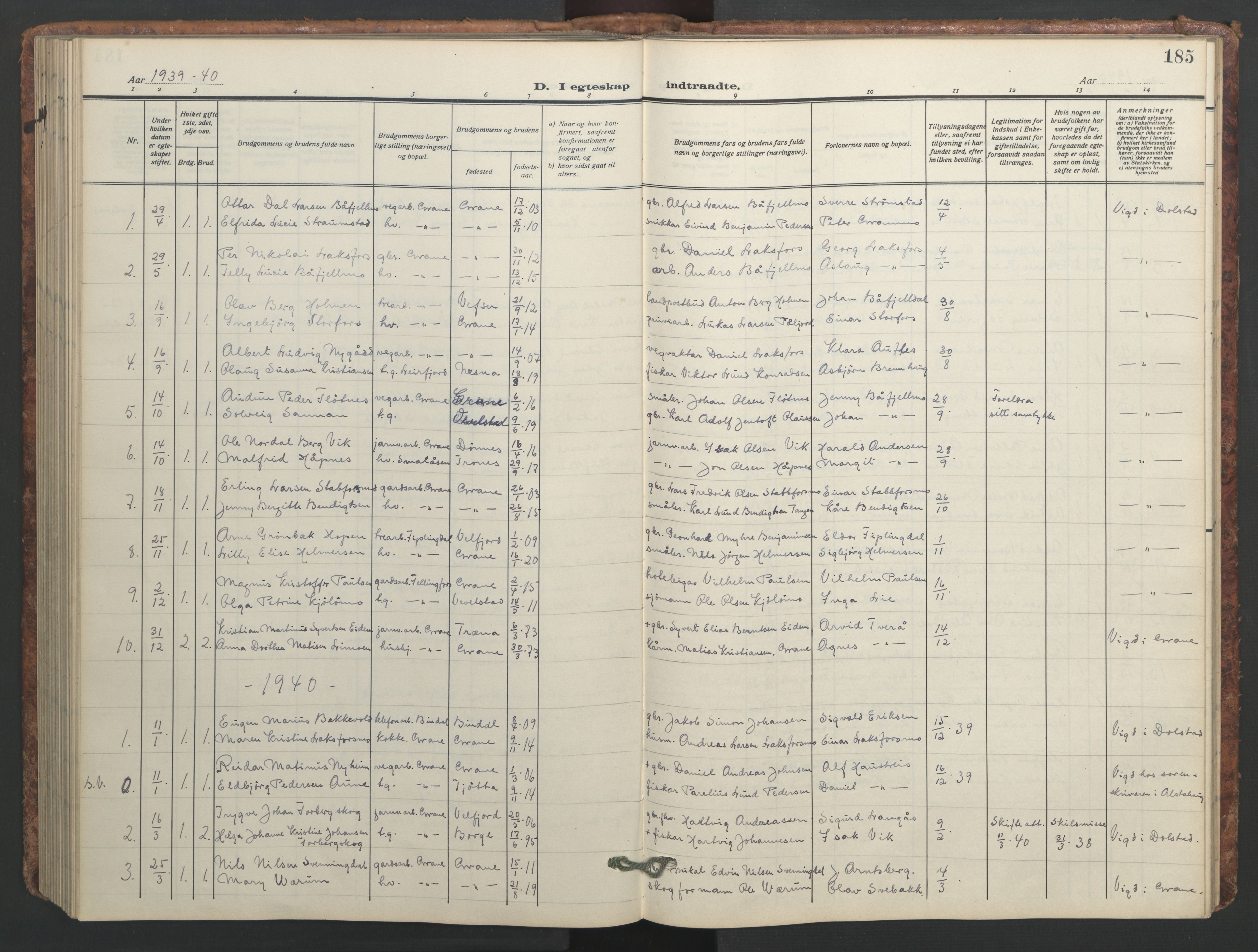 Ministerialprotokoller, klokkerbøker og fødselsregistre - Nordland, AV/SAT-A-1459/824/L0341: Parish register (copy) no. 824C01, 1916-1957, p. 185