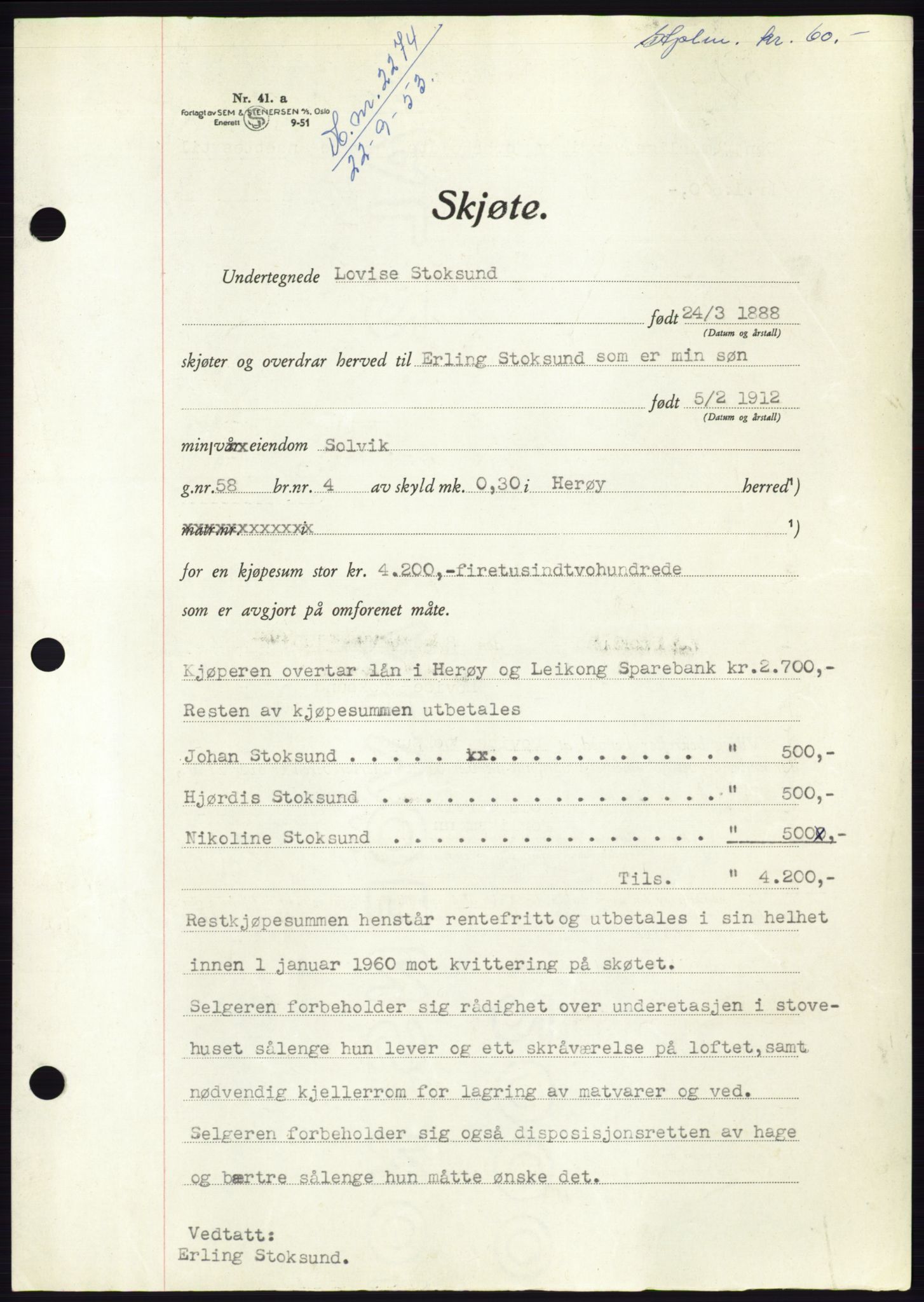 Søre Sunnmøre sorenskriveri, AV/SAT-A-4122/1/2/2C/L0095: Mortgage book no. 21A, 1953-1953, Diary no: : 2274/1953