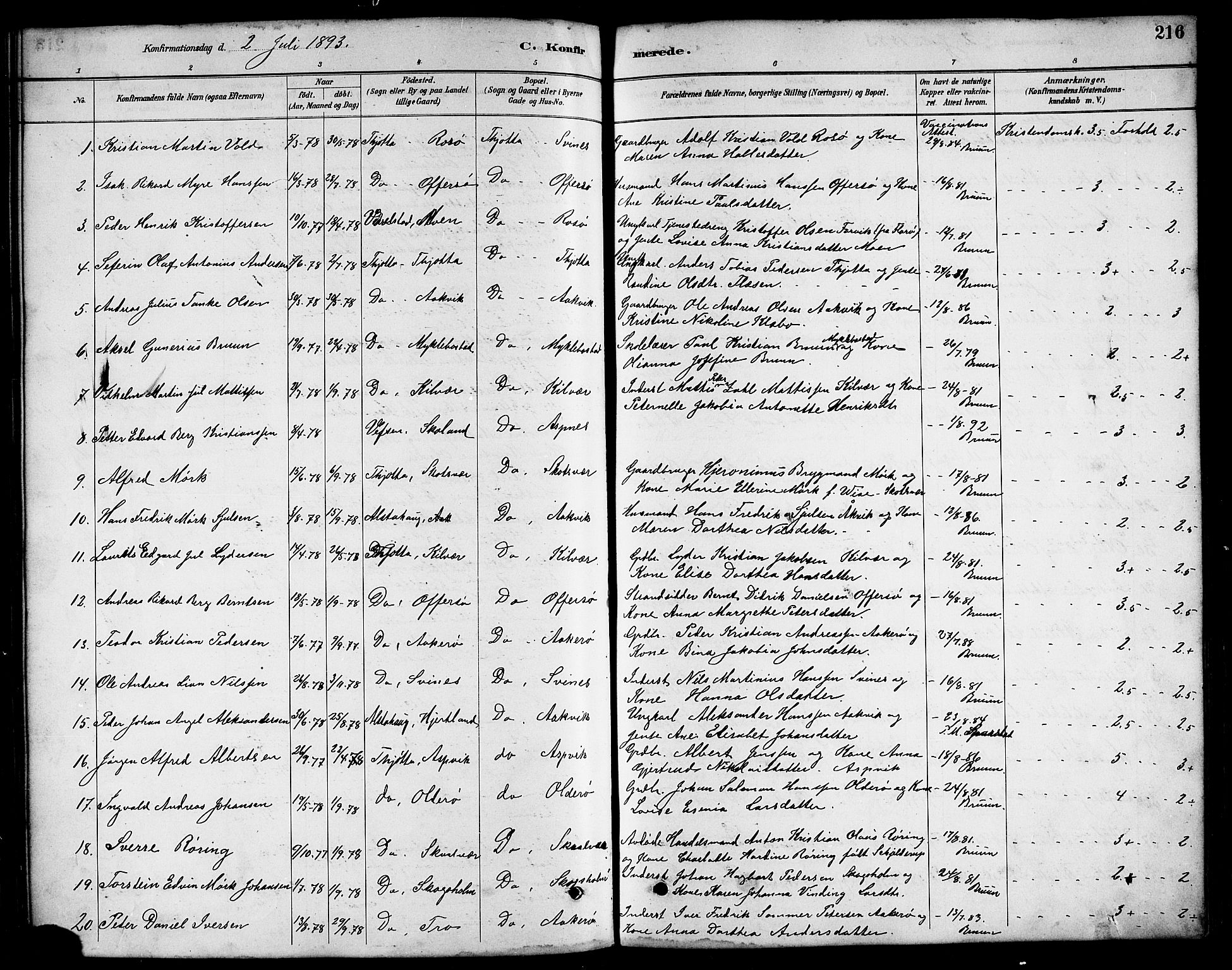 Ministerialprotokoller, klokkerbøker og fødselsregistre - Nordland, AV/SAT-A-1459/817/L0268: Parish register (copy) no. 817C03, 1884-1920, p. 216