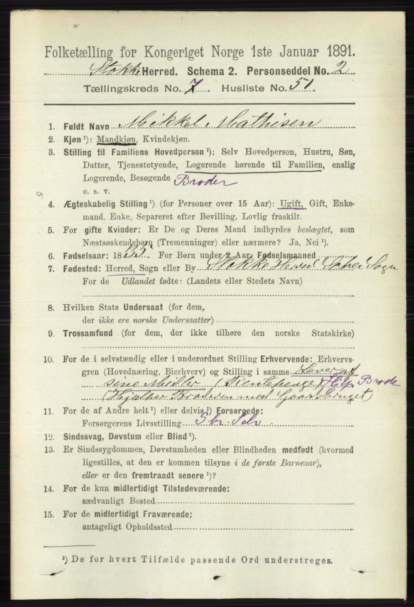 RA, 1891 census for 0720 Stokke, 1891, p. 4865