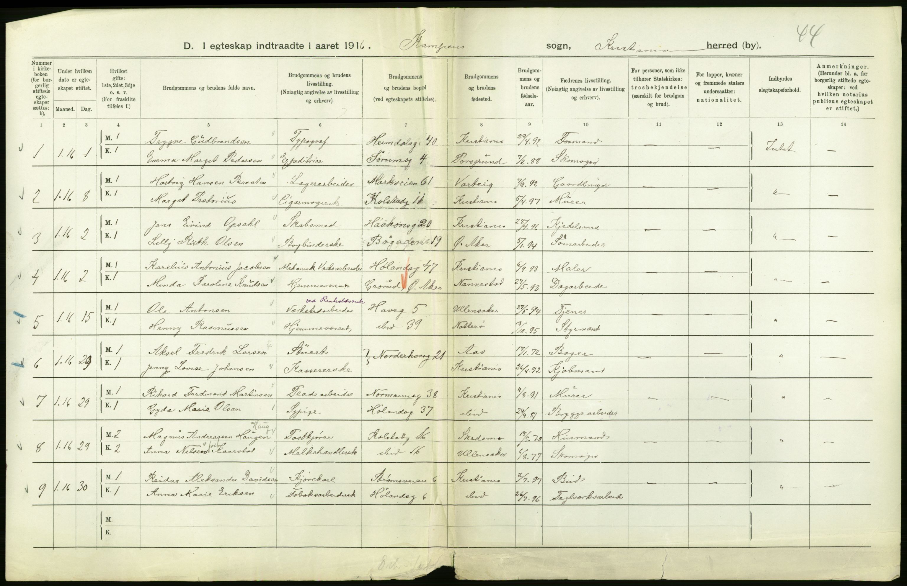 Statistisk sentralbyrå, Sosiodemografiske emner, Befolkning, AV/RA-S-2228/D/Df/Dfb/Dfbf/L0008: Kristiania: Gifte, 1916, p. 658