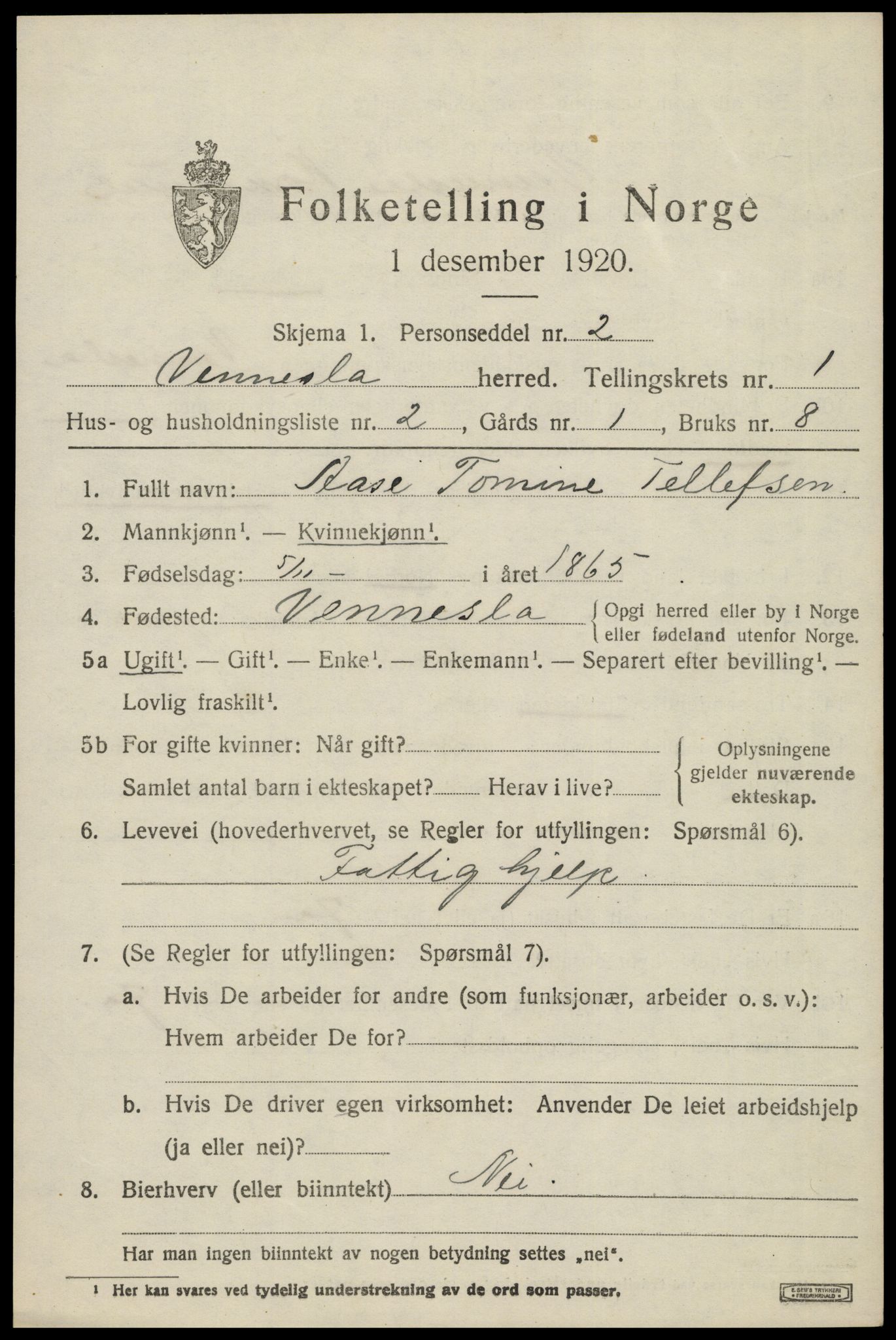 SAK, 1920 census for Vennesla, 1920, p. 946