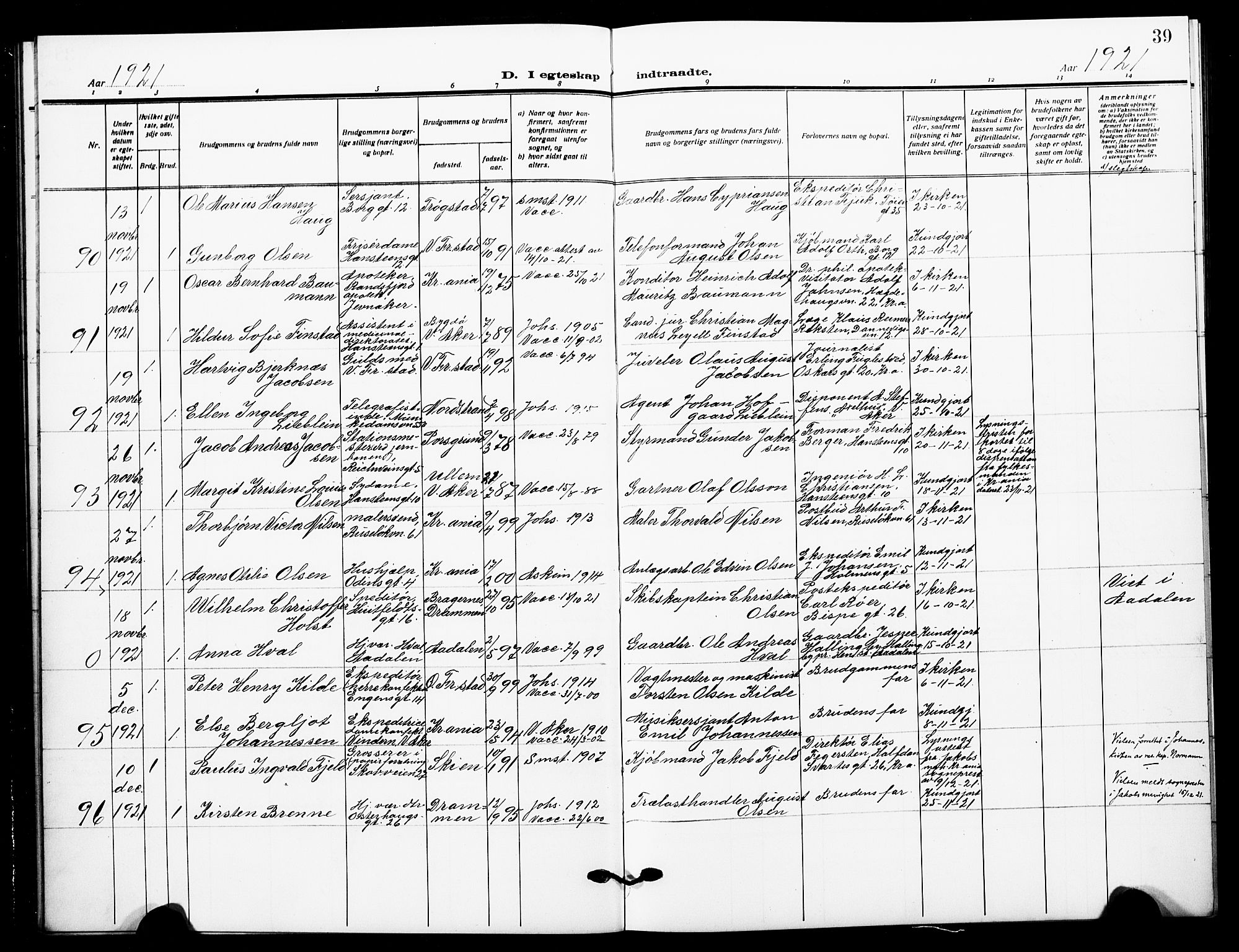 Johannes prestekontor Kirkebøker, AV/SAO-A-10852/F/Fa/L0013: Parish register (official) no. 13, 1919-1930, p. 39