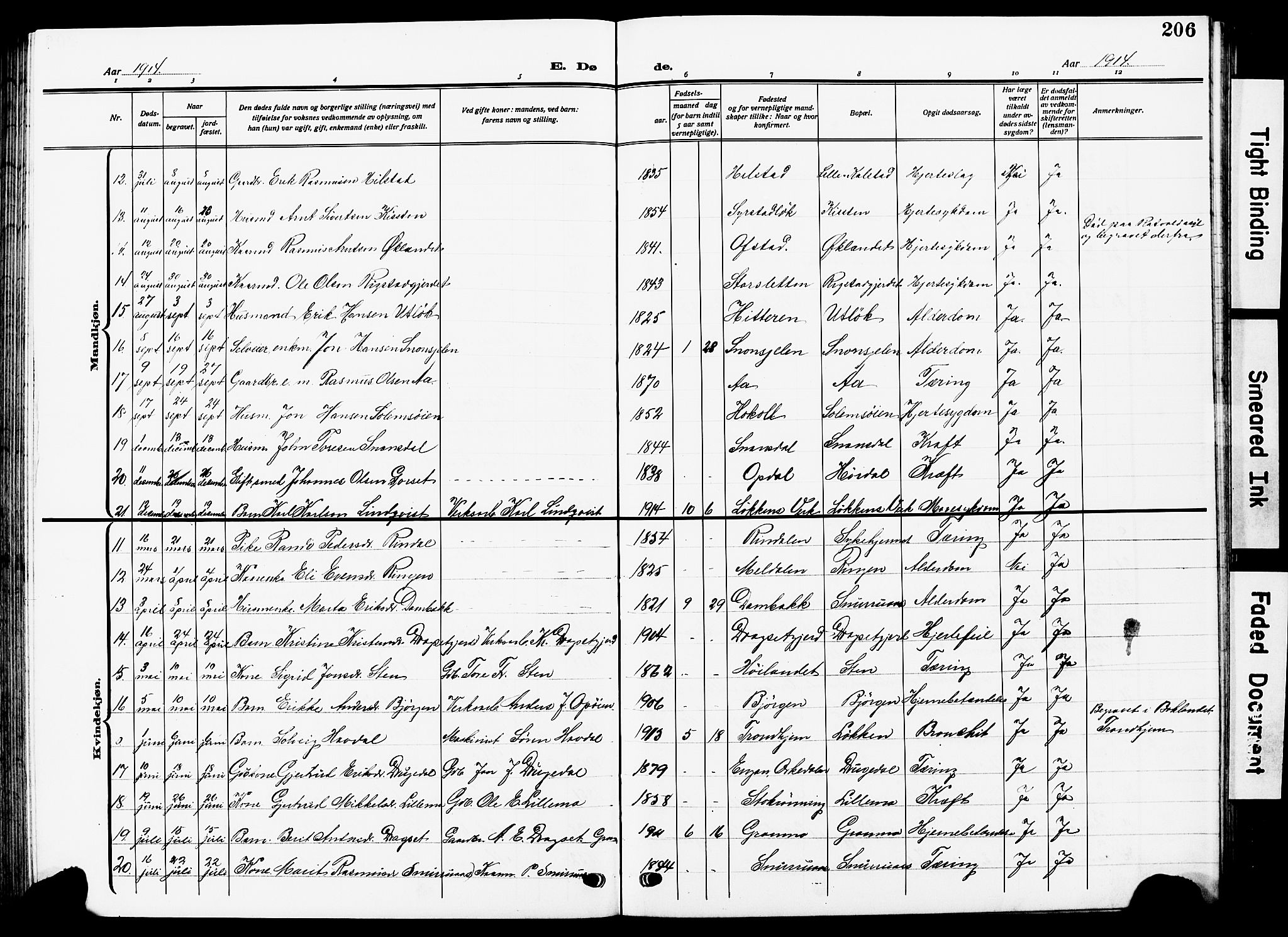 Ministerialprotokoller, klokkerbøker og fødselsregistre - Sør-Trøndelag, AV/SAT-A-1456/672/L0865: Parish register (copy) no. 672C04, 1914-1928, p. 206