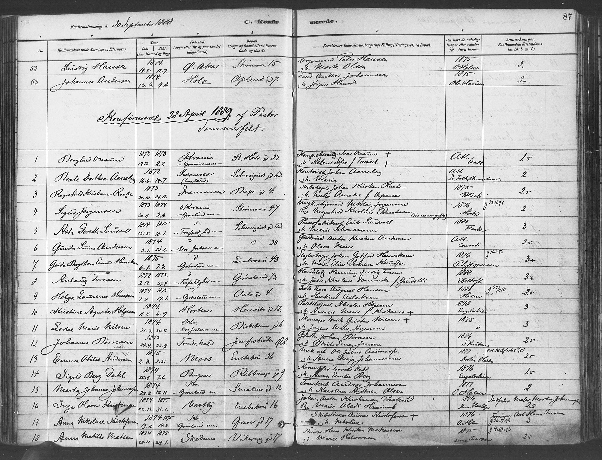 Gamlebyen prestekontor Kirkebøker, AV/SAO-A-10884/F/Fa/L0006: Parish register (official) no. 6, 1881-1890, p. 87