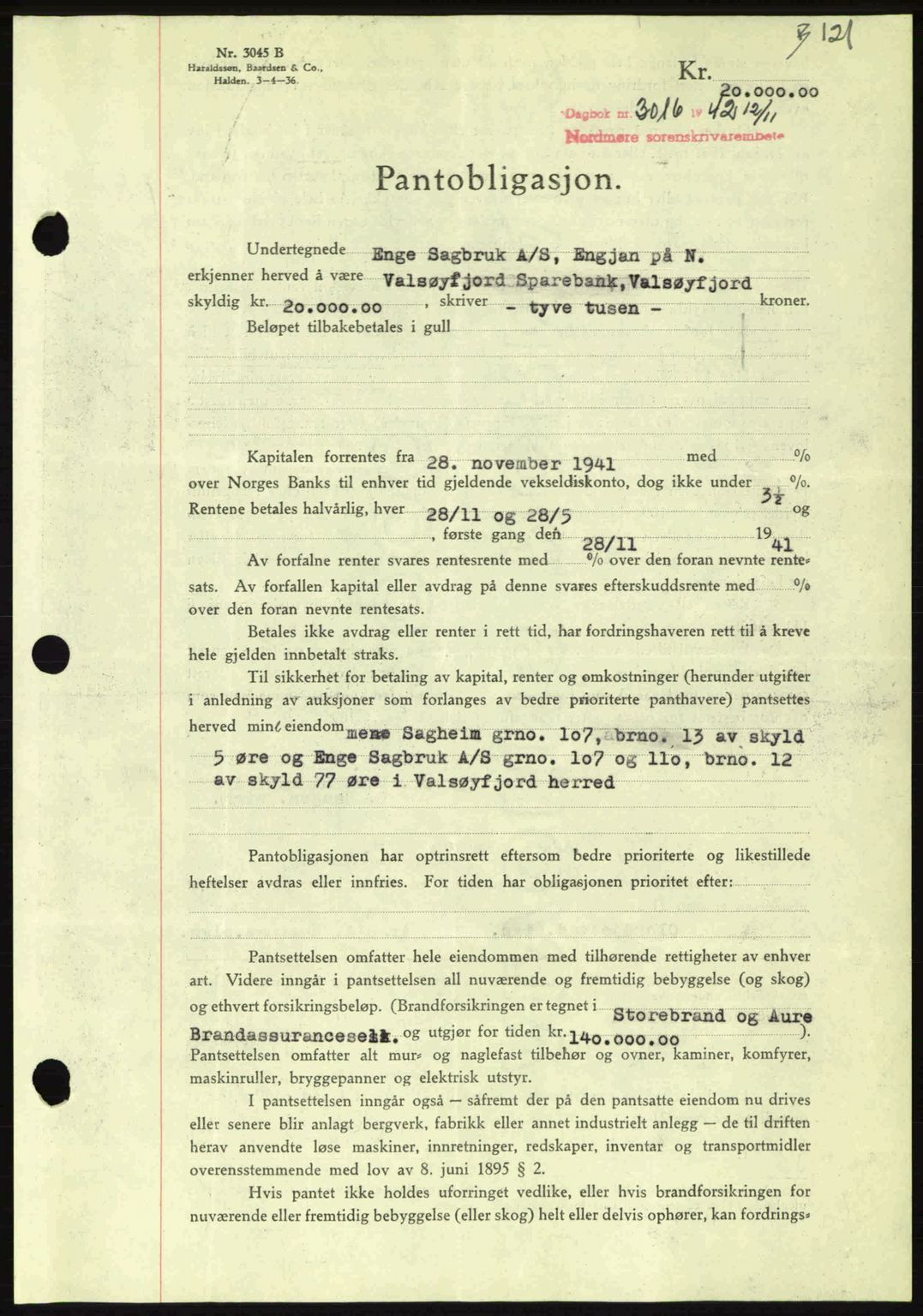 Nordmøre sorenskriveri, AV/SAT-A-4132/1/2/2Ca: Mortgage book no. B90, 1942-1943, Diary no: : 3016/1942