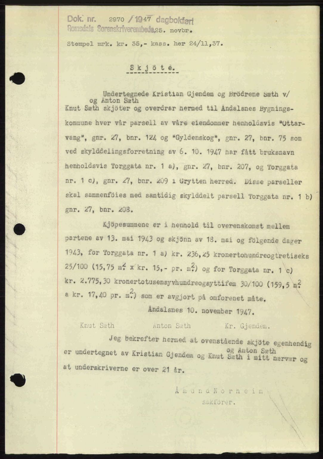 Romsdal sorenskriveri, SAT/A-4149/1/2/2C: Mortgage book no. A24, 1947-1947, Diary no: : 2970/1947