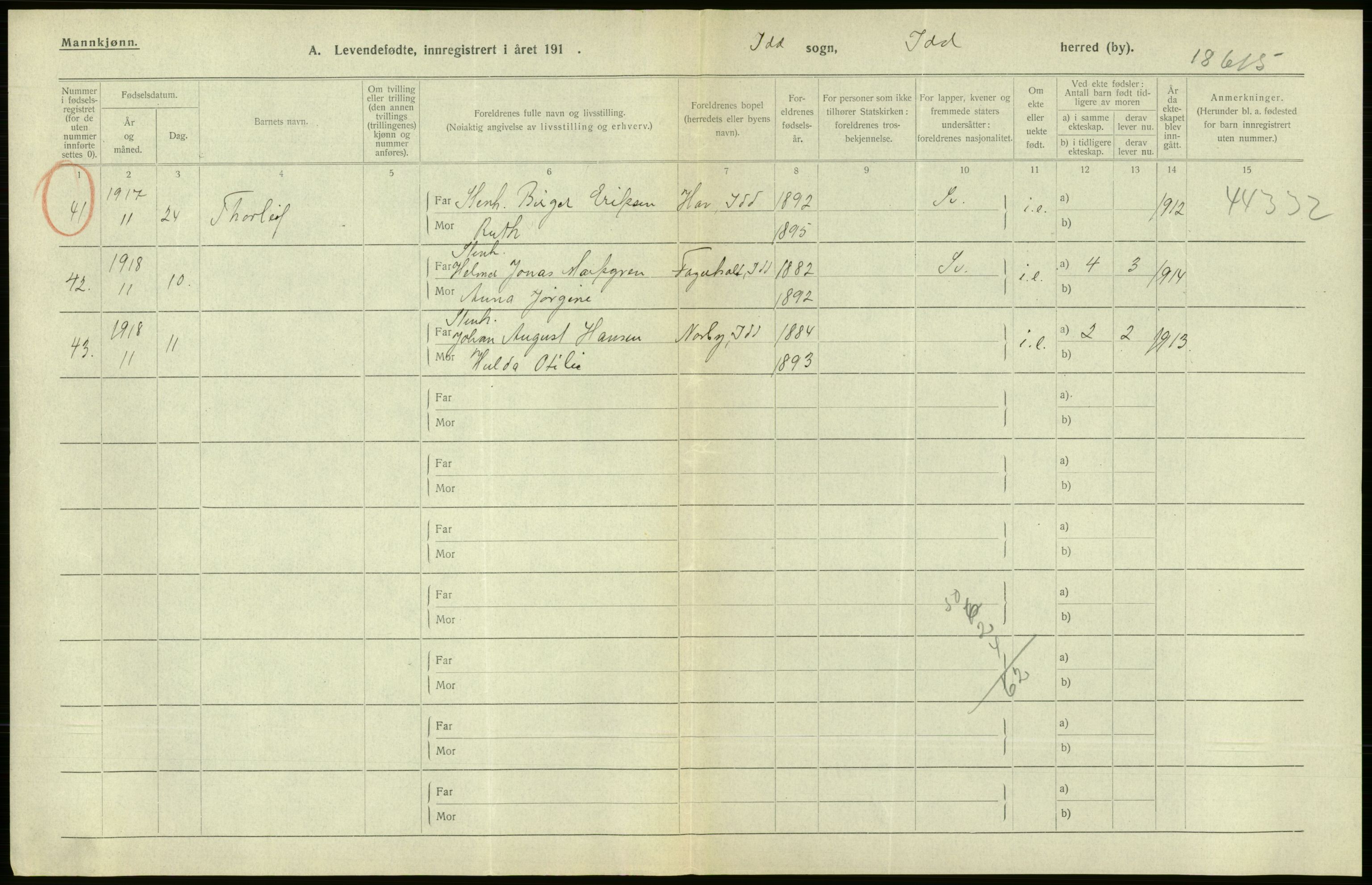 Statistisk sentralbyrå, Sosiodemografiske emner, Befolkning, RA/S-2228/D/Df/Dfb/Dfbh/L0001: Østfold fylke: Levendefødte menn og kvinner. Bygder., 1918, p. 254