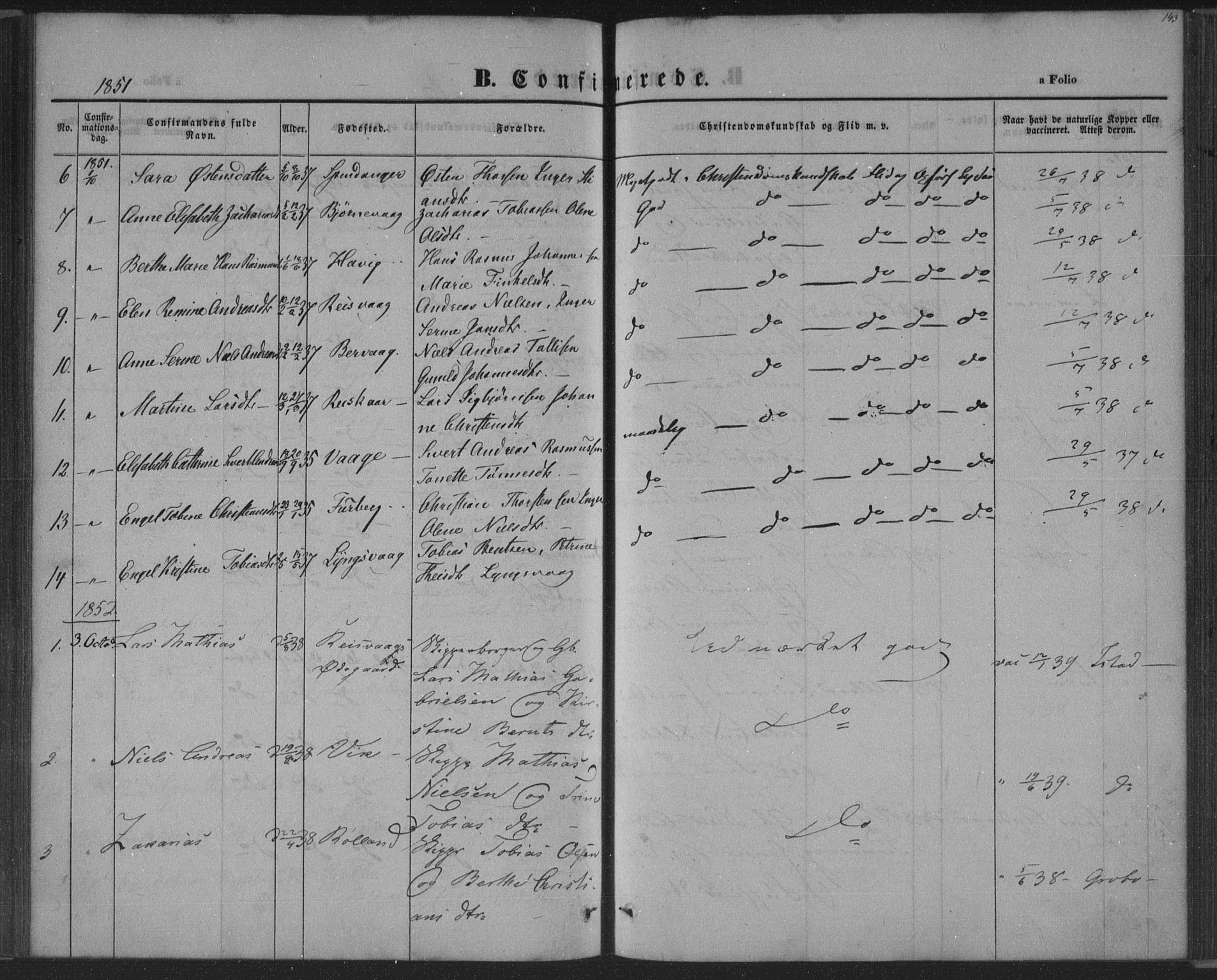 Herad sokneprestkontor, SAK/1111-0018/F/Fa/Fab/L0003: Parish register (official) no. A 3, 1844-1853, p. 143