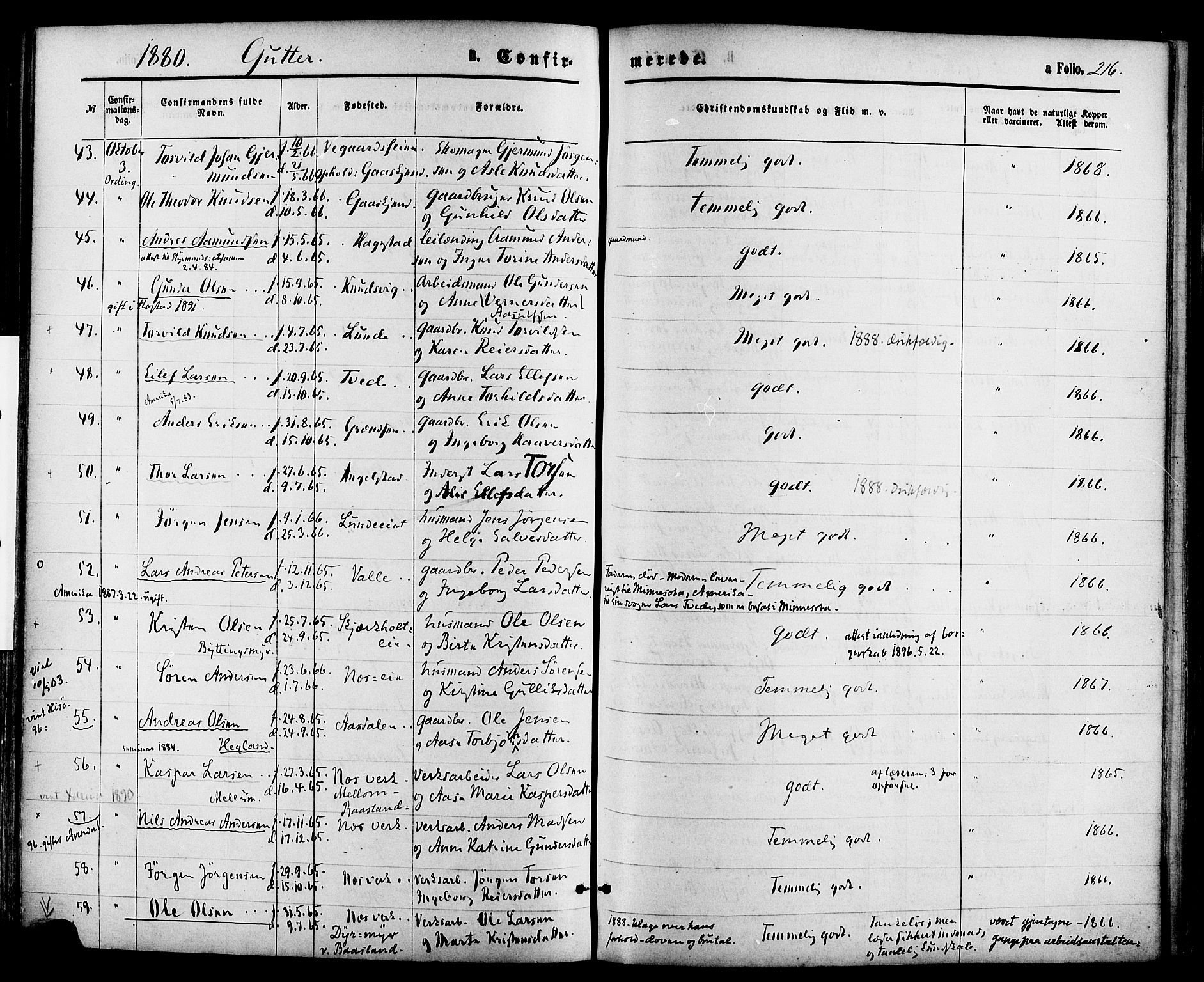 Holt sokneprestkontor, AV/SAK-1111-0021/F/Fa/L0010: Parish register (official) no. A 10, 1872-1885, p. 216