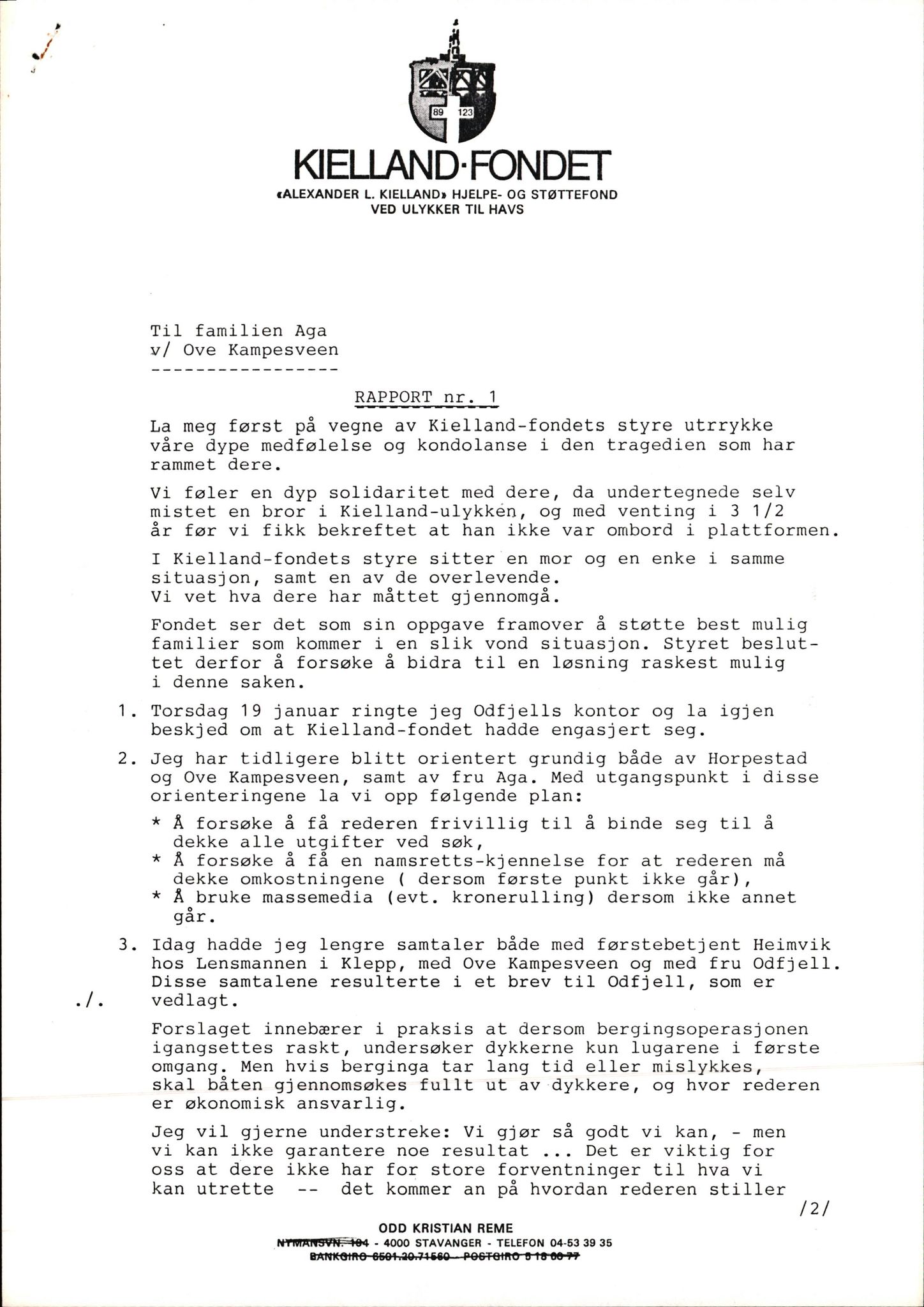 Pa 1660 - Kielland- fondet, AV/SAST-A-102242/X/Xa/L0001: Rapport til overlevende og etterlatte/ Kielland Bulletin, 1980-1998