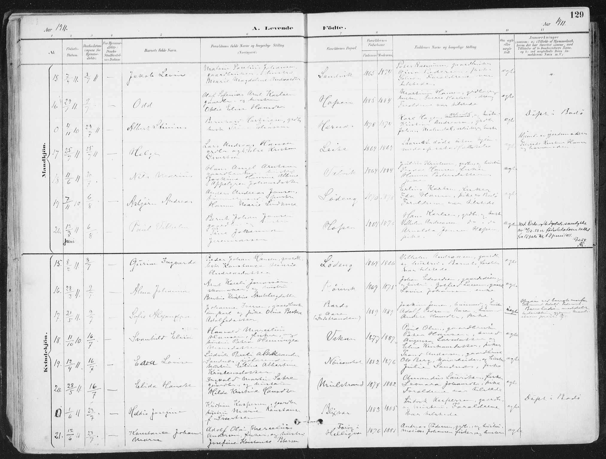 Ministerialprotokoller, klokkerbøker og fødselsregistre - Nordland, SAT/A-1459/802/L0055: Parish register (official) no. 802A02, 1894-1915, p. 129