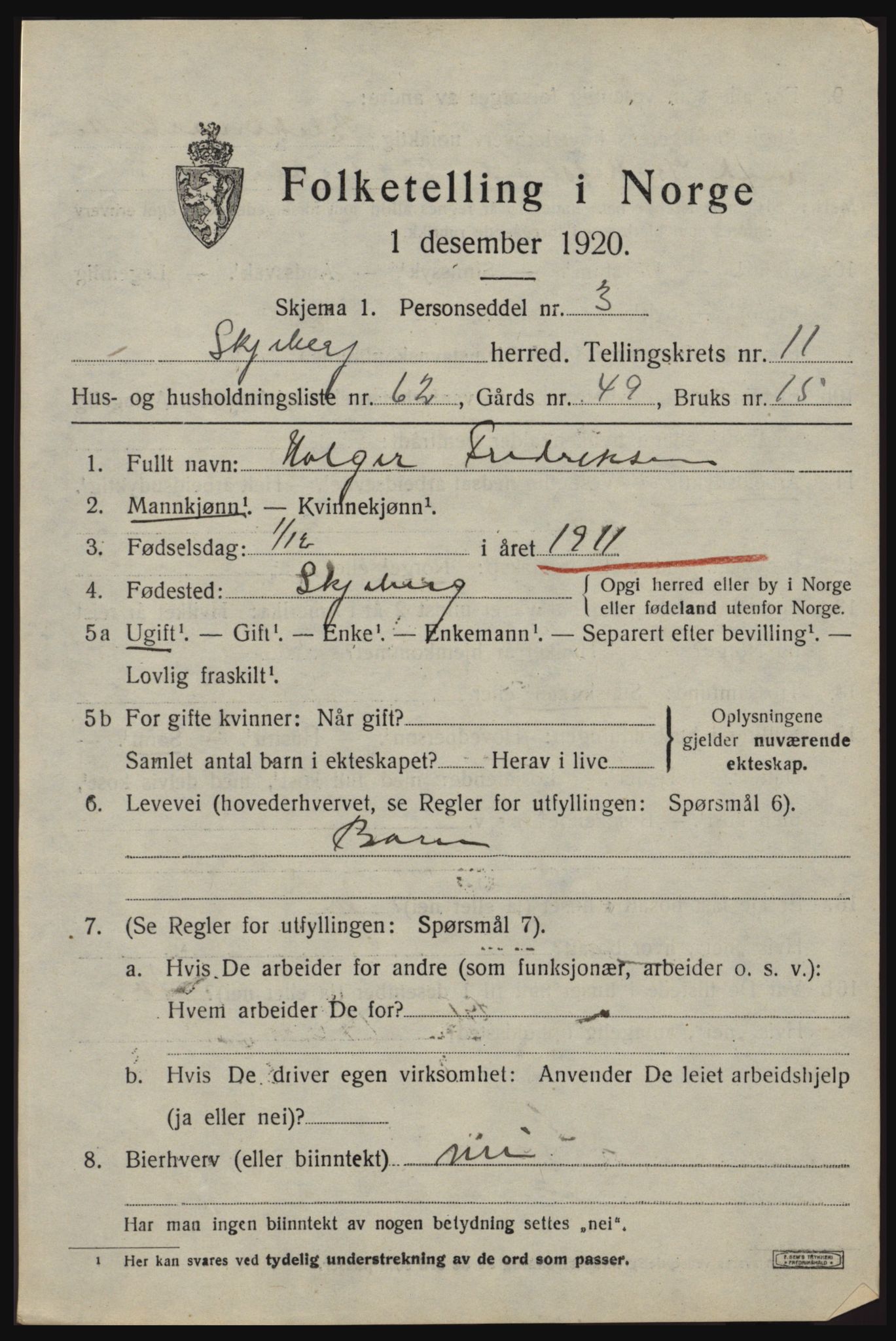 SAO, 1920 census for Skjeberg, 1920, p. 10187