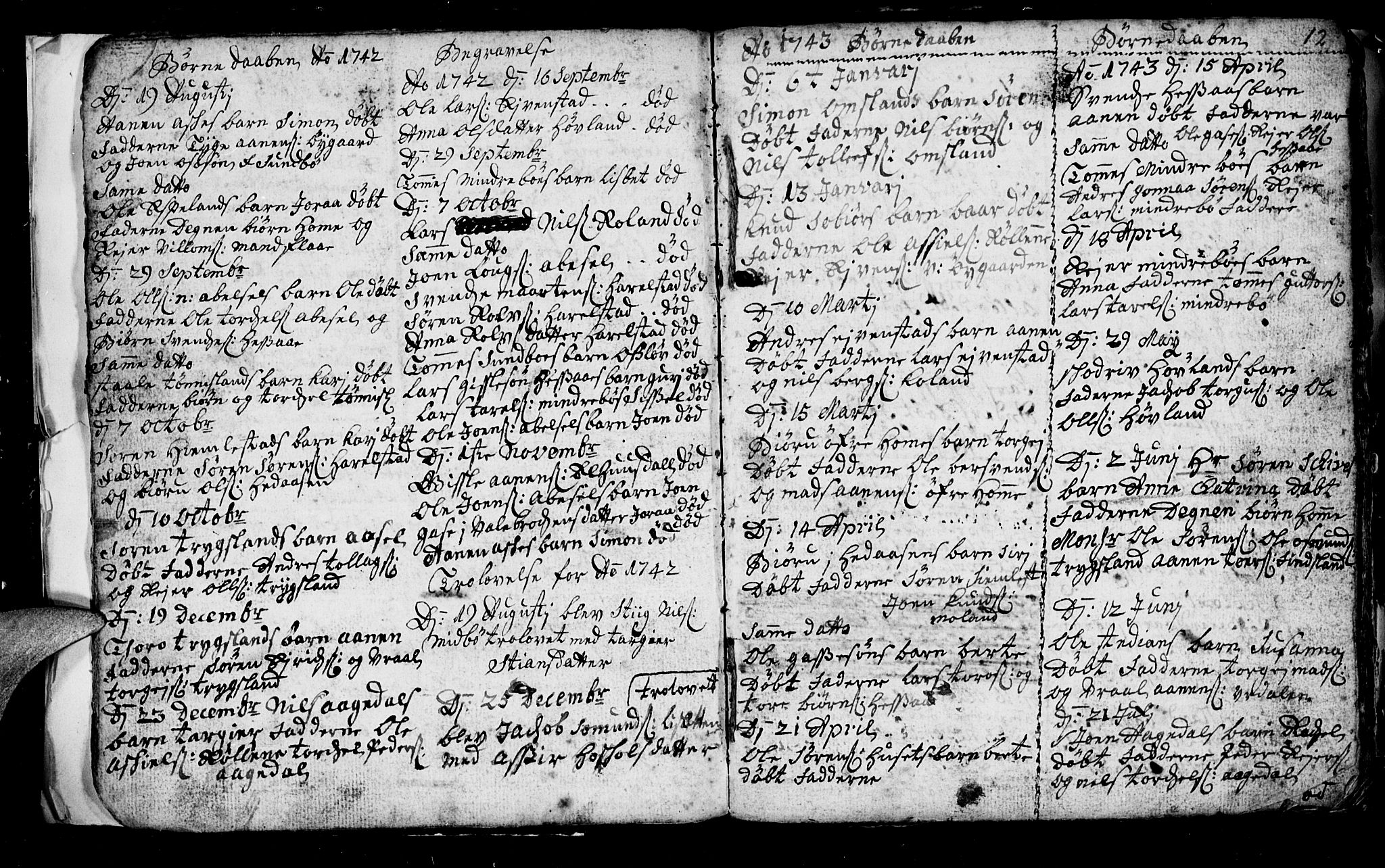 Bjelland sokneprestkontor, AV/SAK-1111-0005/F/Fb/Fba/L0001: Parish register (copy) no. B 1, 1727-1752, p. 12