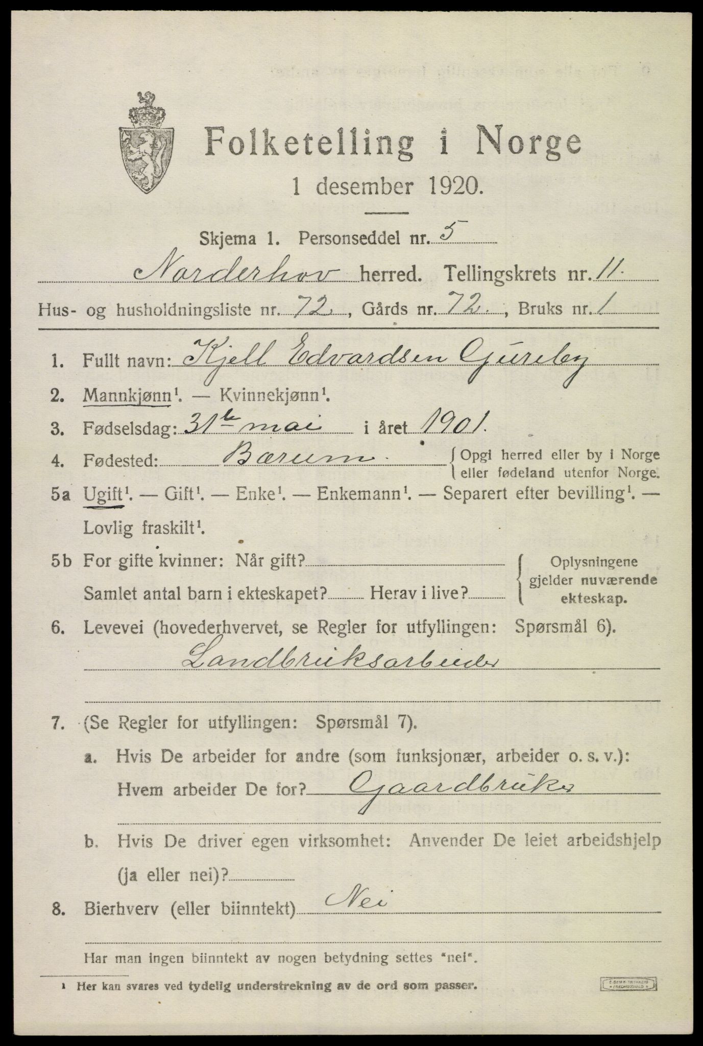 SAKO, 1920 census for Norderhov, 1920, p. 13606