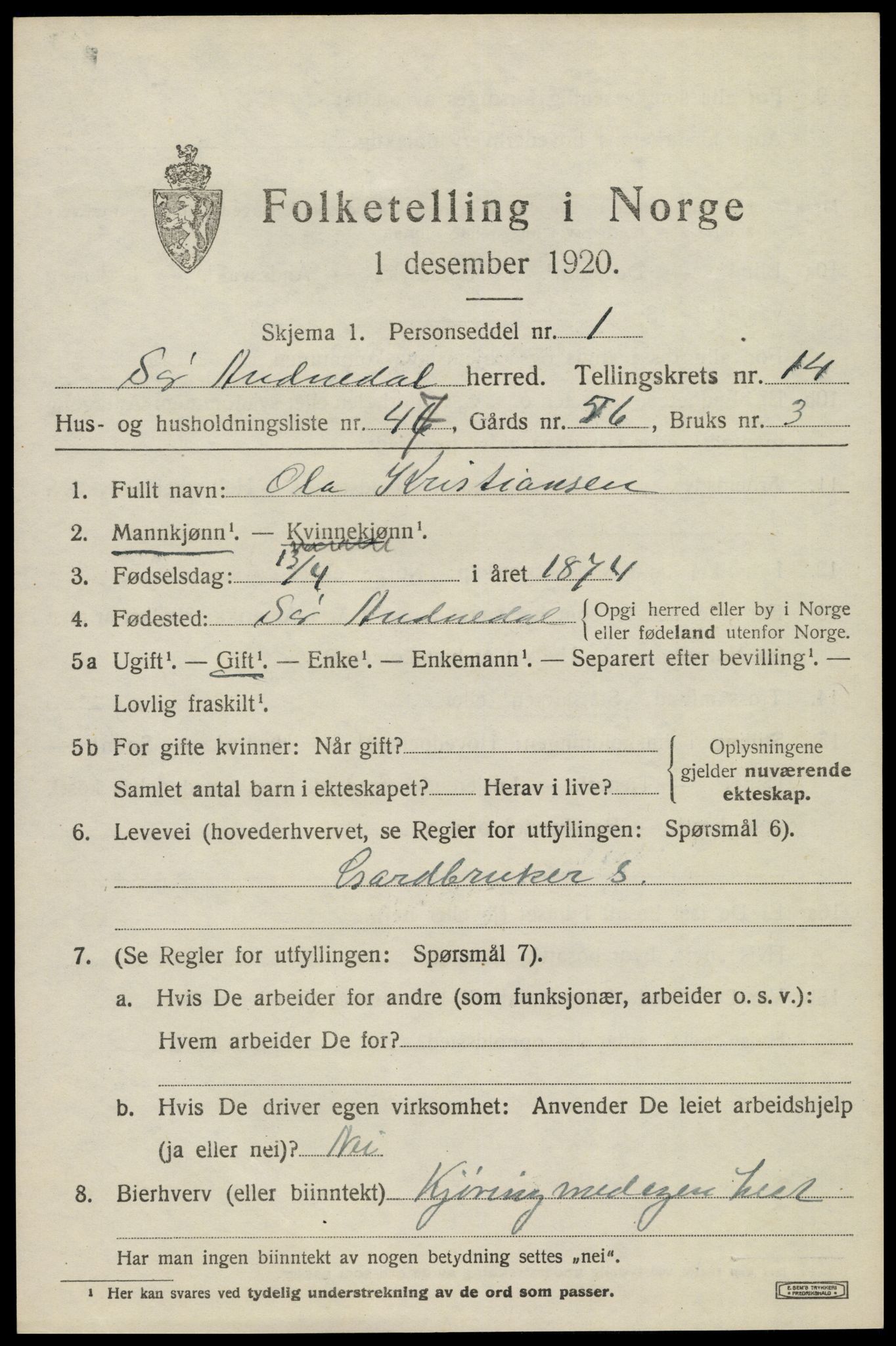 SAK, 1920 census for Sør-Audnedal, 1920, p. 5607