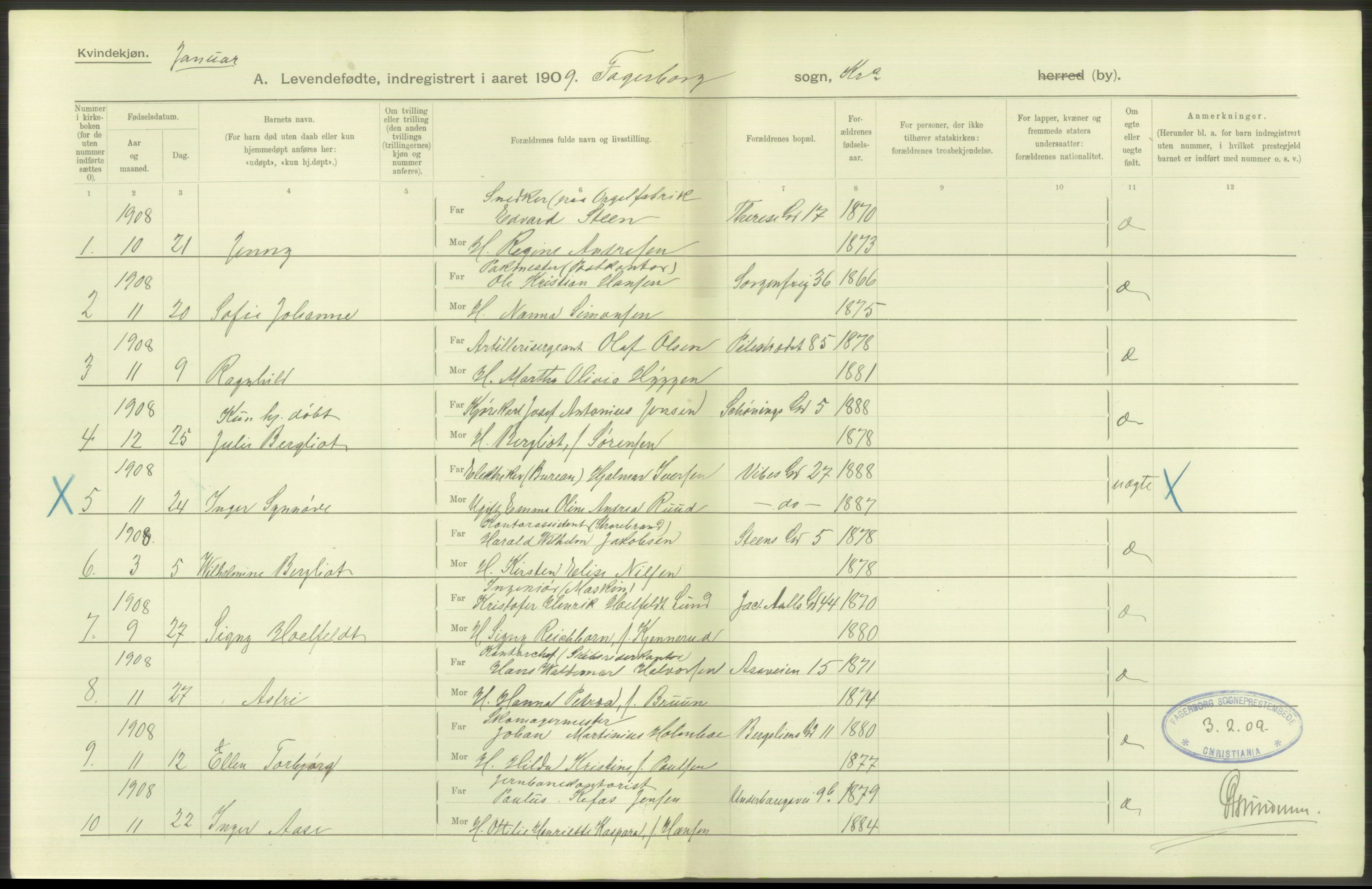 Statistisk sentralbyrå, Sosiodemografiske emner, Befolkning, AV/RA-S-2228/D/Df/Dfa/Dfag/L0007: Kristiania: Levendefødte menn og kvinner., 1909, p. 430