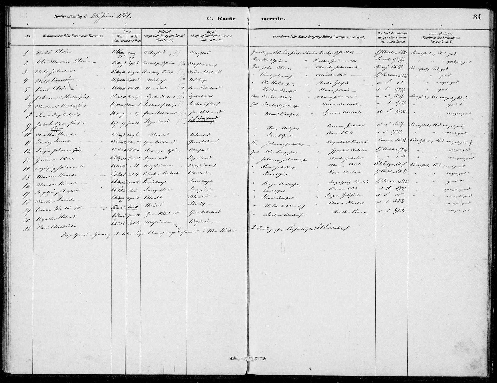 Hosanger sokneprestembete, SAB/A-75801/H/Haa: Parish register (official) no. C  1, 1880-1900, p. 34