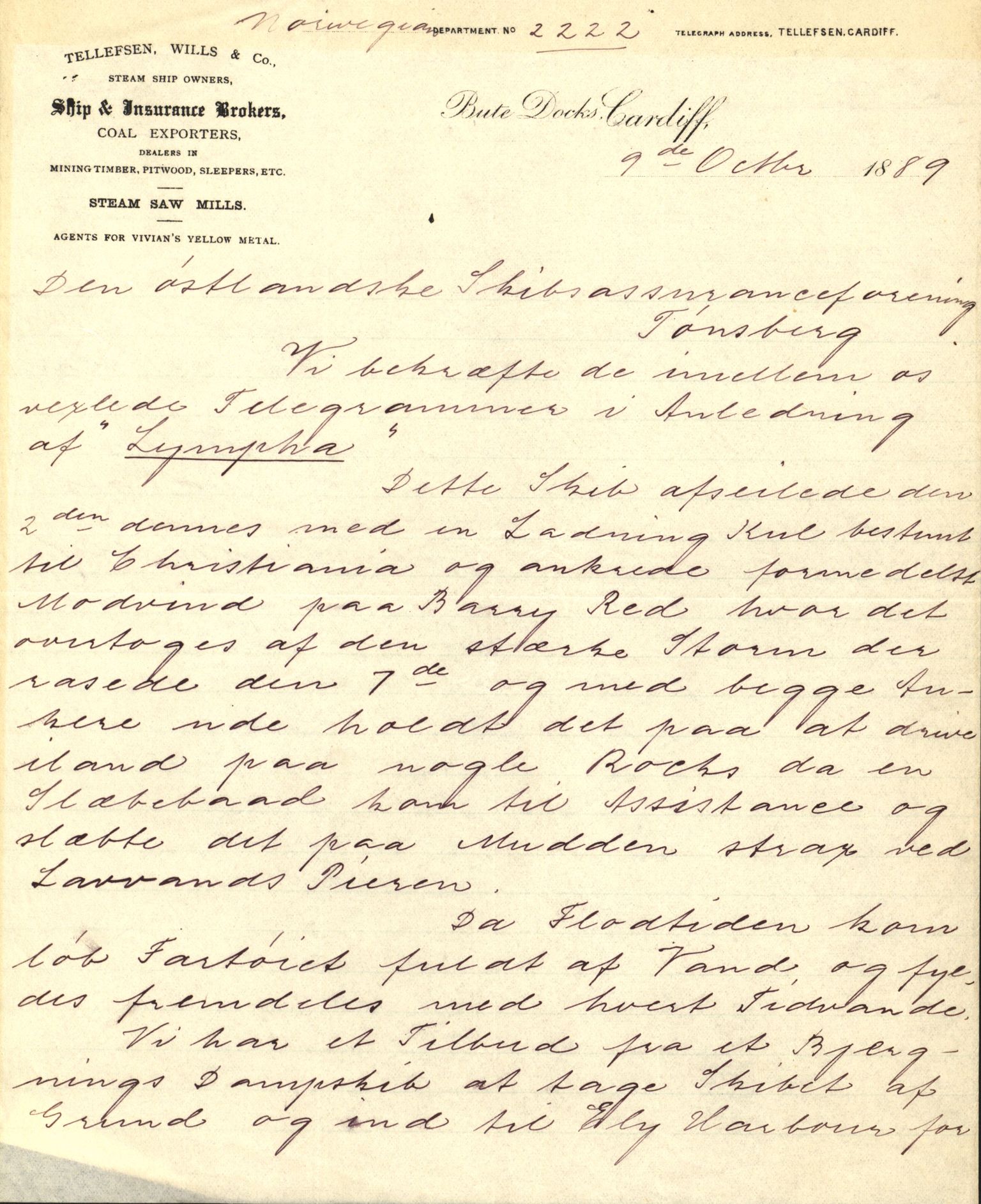 Pa 63 - Østlandske skibsassuranceforening, VEMU/A-1079/G/Ga/L0023/0011: Havaridokumenter / Joanchas, Lympha, Glengarin, Korsvei, Heldine, Sirius, 1889, p. 28