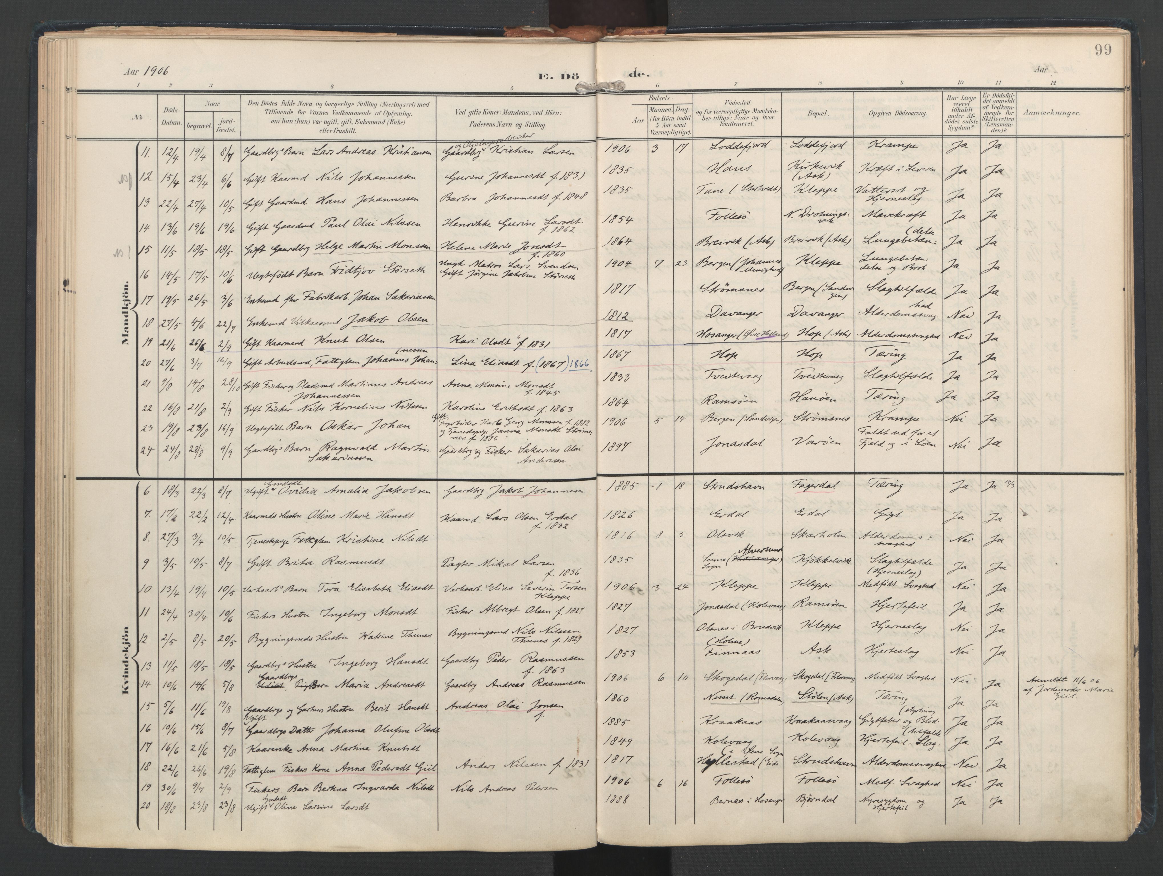 Askøy Sokneprestembete, AV/SAB-A-74101/H/Ha/Haa/Haad/L0001: Parish register (official) no. D 1, 1902-1916, p. 99