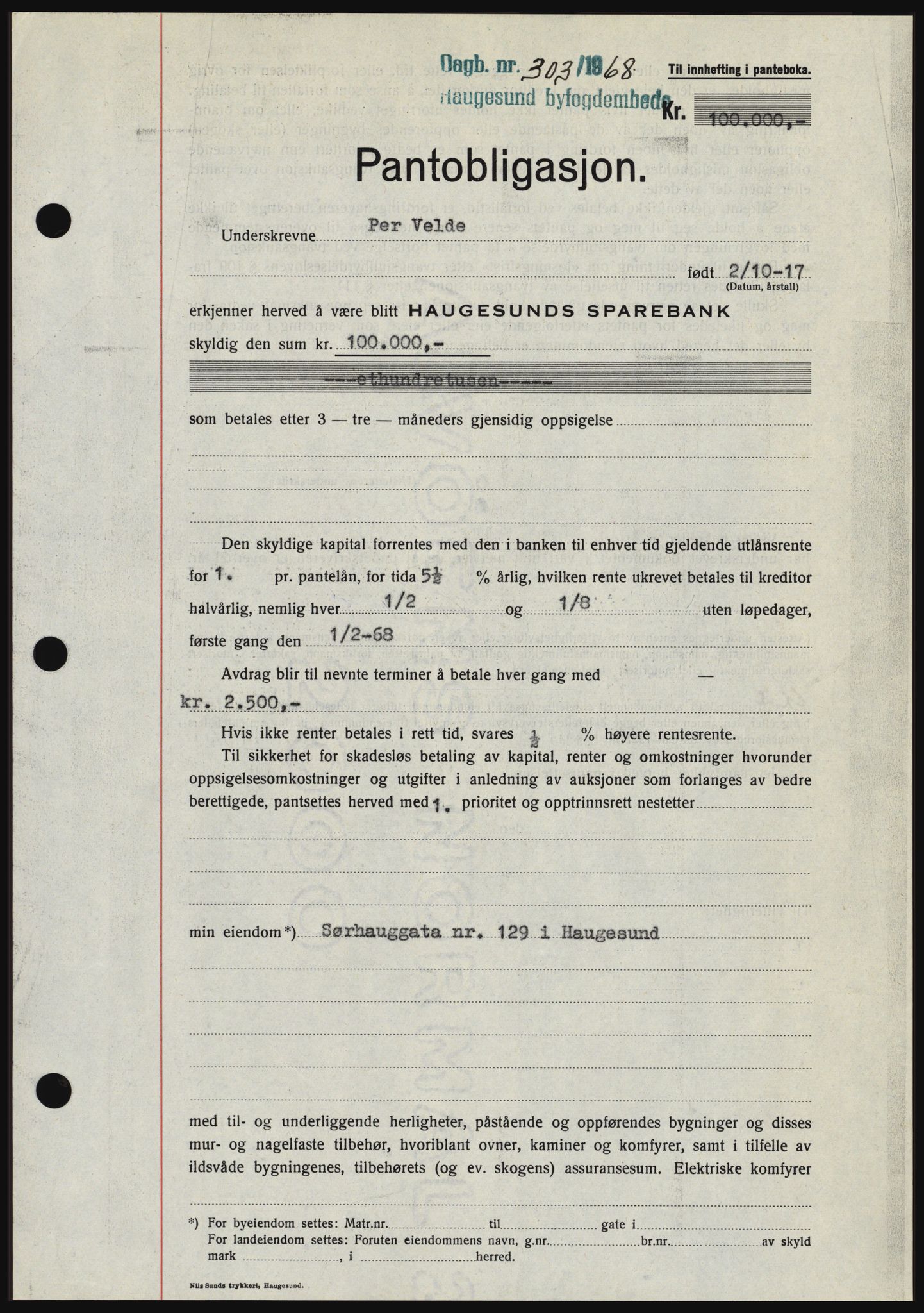 Haugesund tingrett, SAST/A-101415/01/II/IIC/L0058: Mortgage book no. B 58, 1967-1968, Diary no: : 303/1968