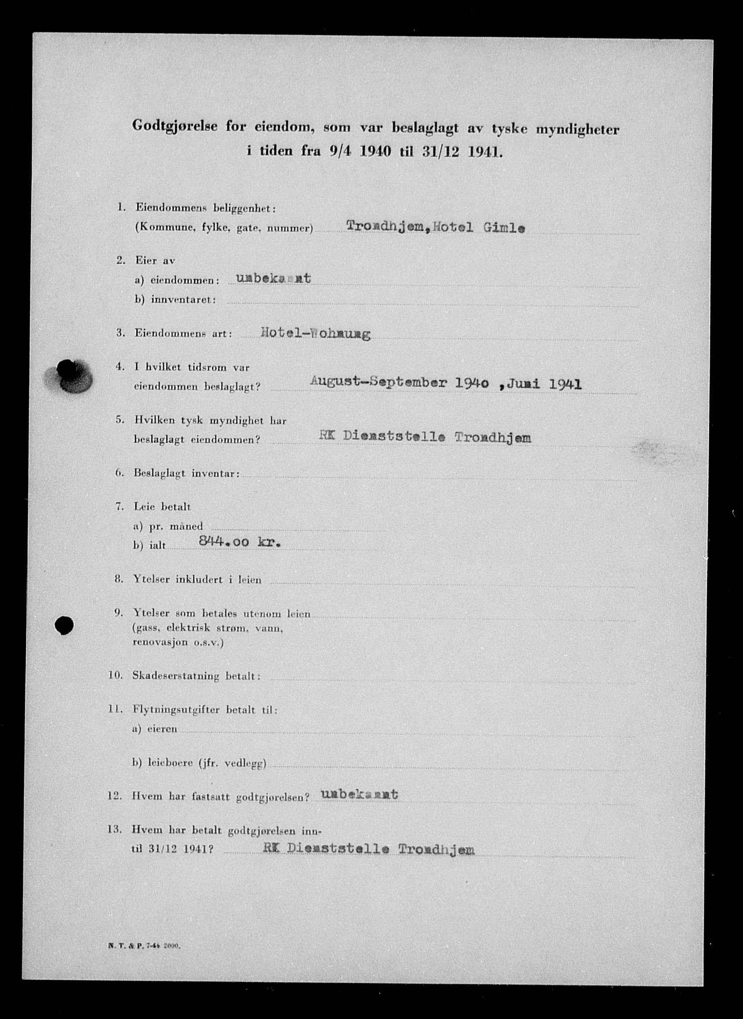 Justisdepartementet, Tilbakeføringskontoret for inndratte formuer, RA/S-1564/I/L1018: Godtgjørelse for beslaglagt eiendom, 1940-1941, p. 233