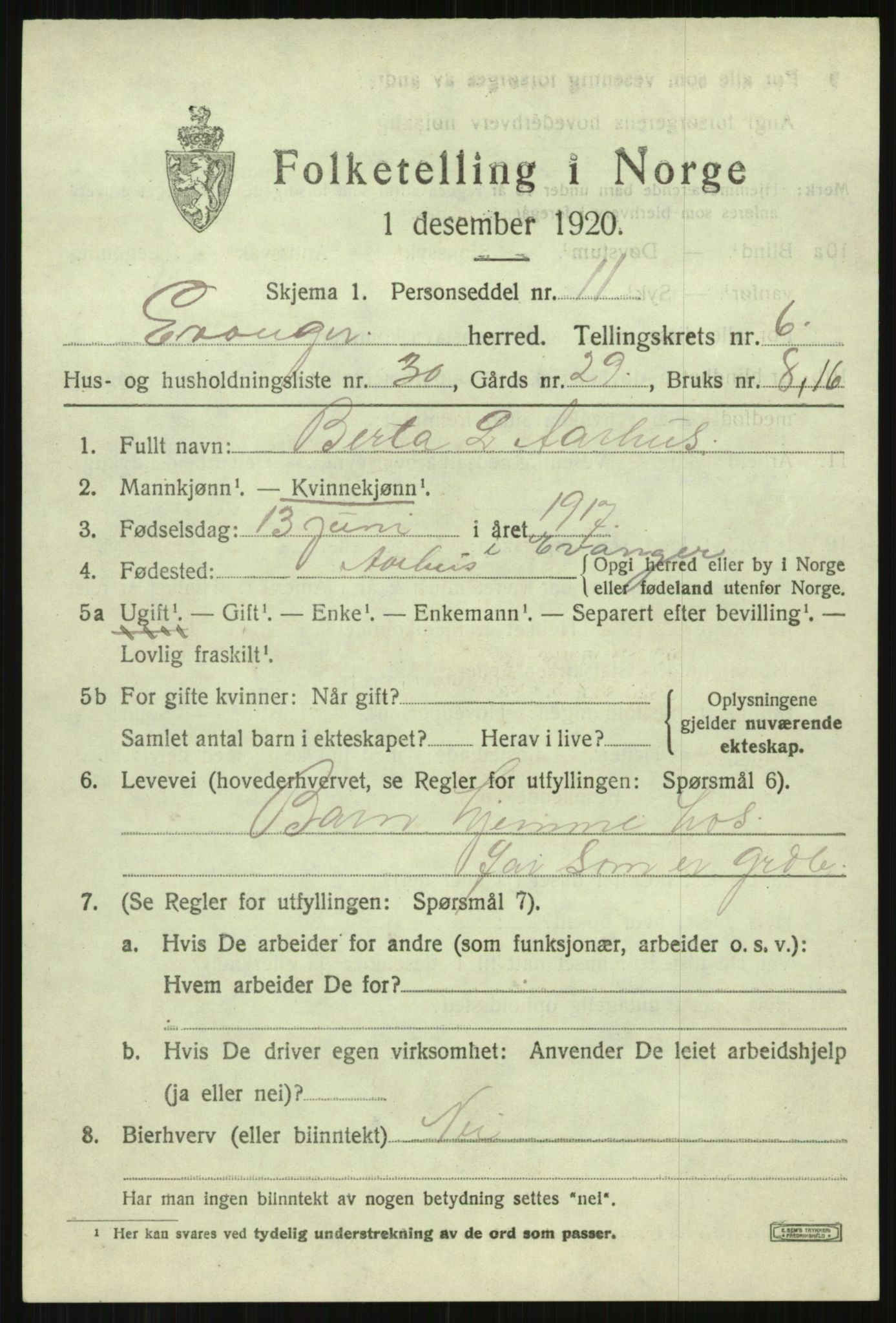 SAB, 1920 census for Evanger, 1920, p. 2311