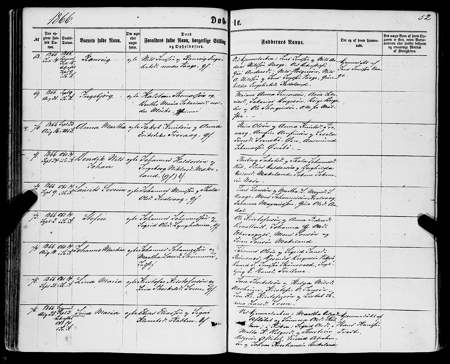 Sveio Sokneprestembete, AV/SAB-A-78501/H/Haa: Parish register (official) no. A 1, 1861-1877, p. 52