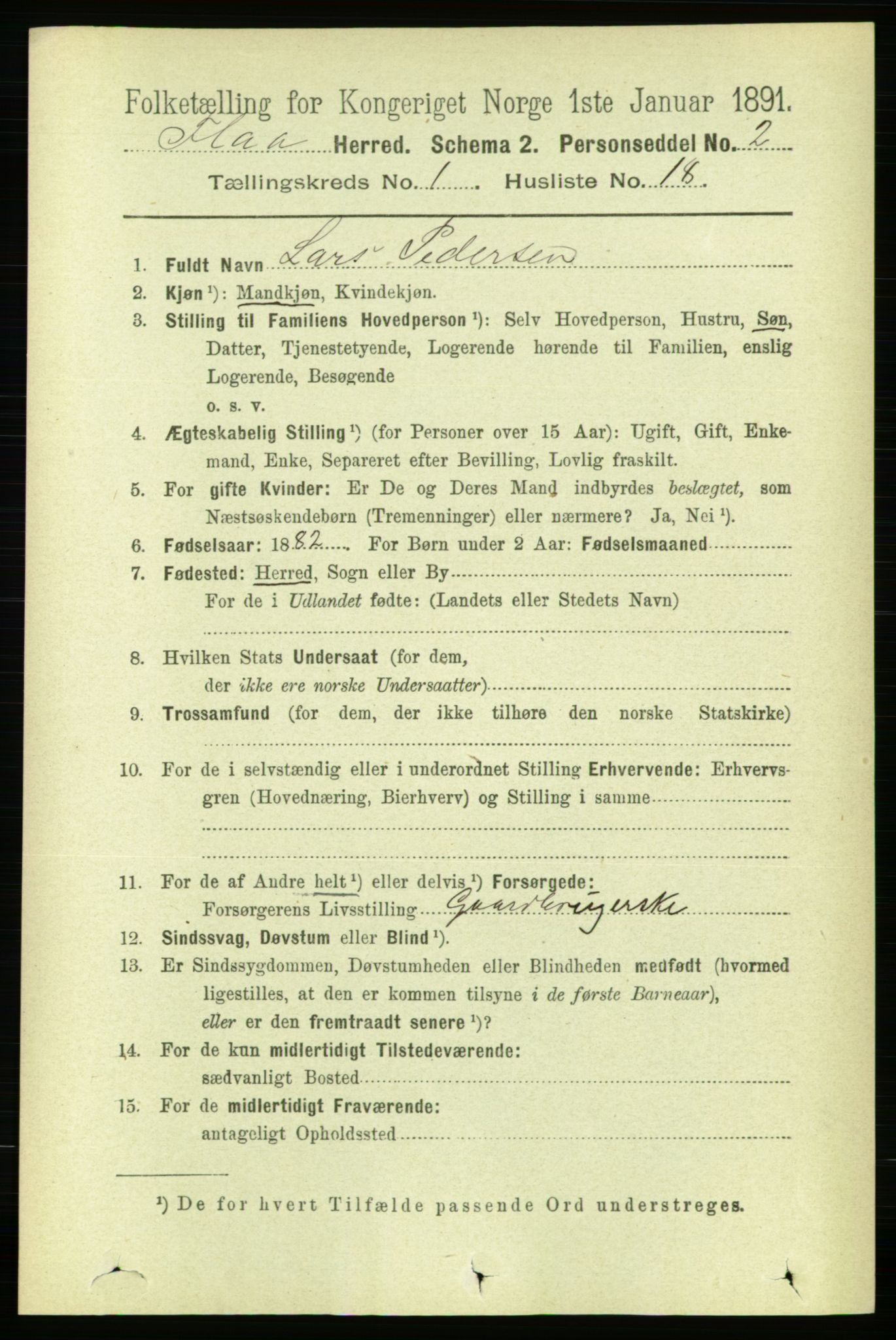 RA, 1891 census for 1652 Flå, 1891, p. 215