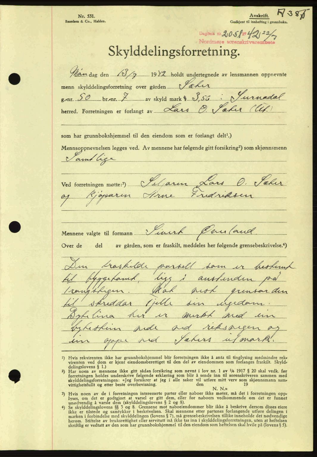 Nordmøre sorenskriveri, AV/SAT-A-4132/1/2/2Ca: Mortgage book no. A93, 1942-1942, Diary no: : 2051/1942