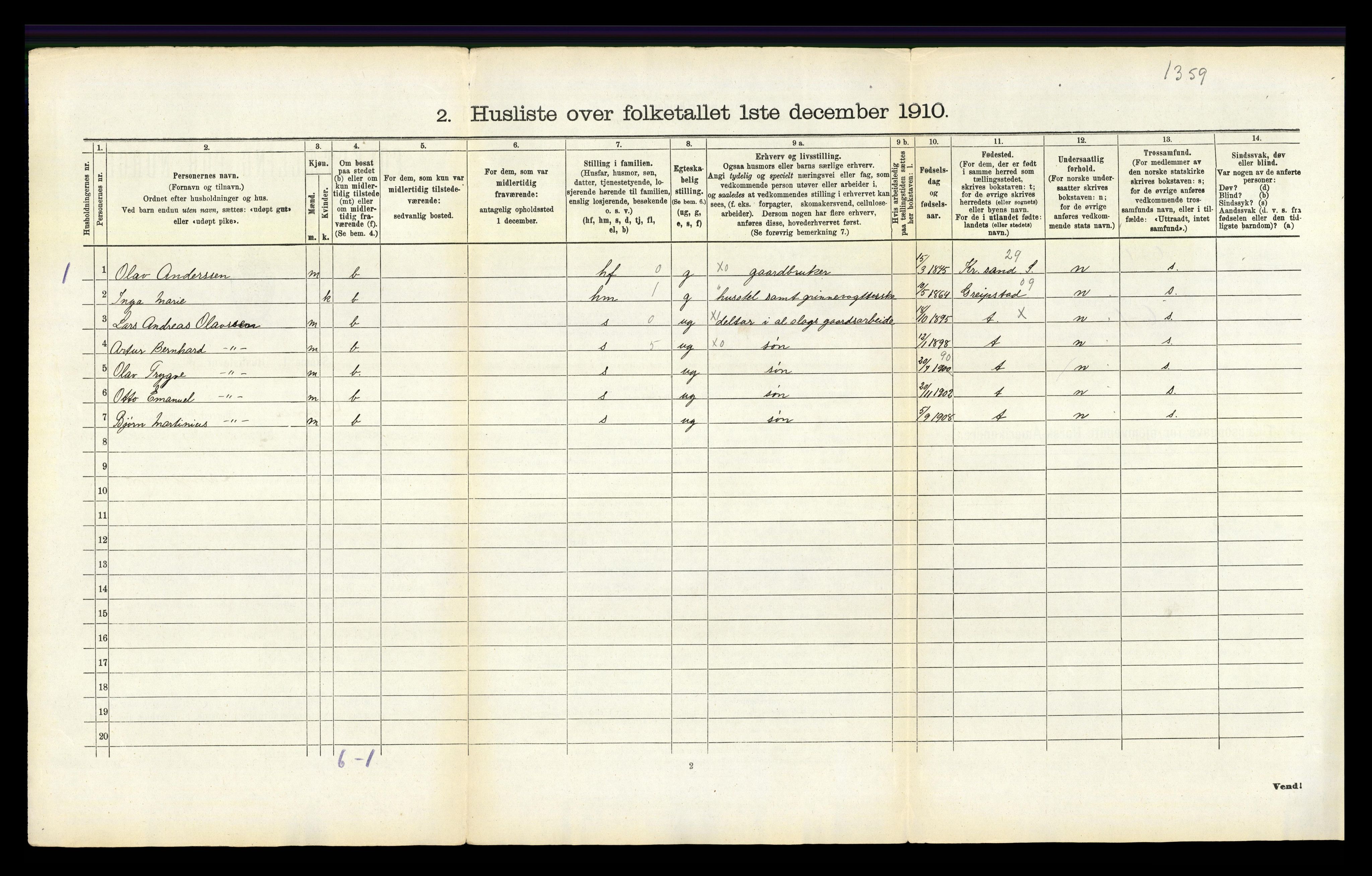 RA, 1910 census for Oddernes, 1910, p. 550