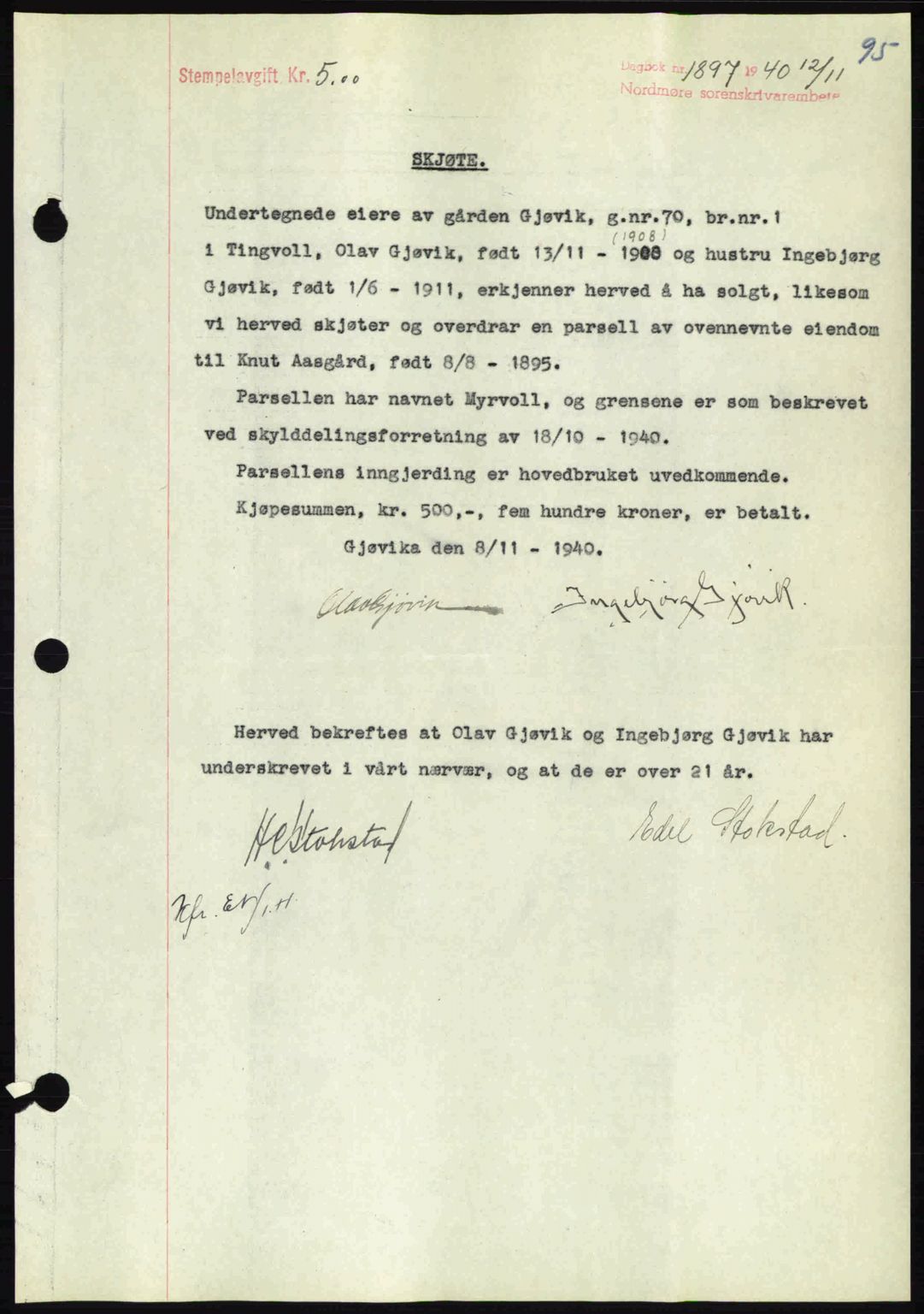 Nordmøre sorenskriveri, SAT/A-4132/1/2/2Ca: Mortgage book no. A89, 1940-1941, Diary no: : 1897/1940