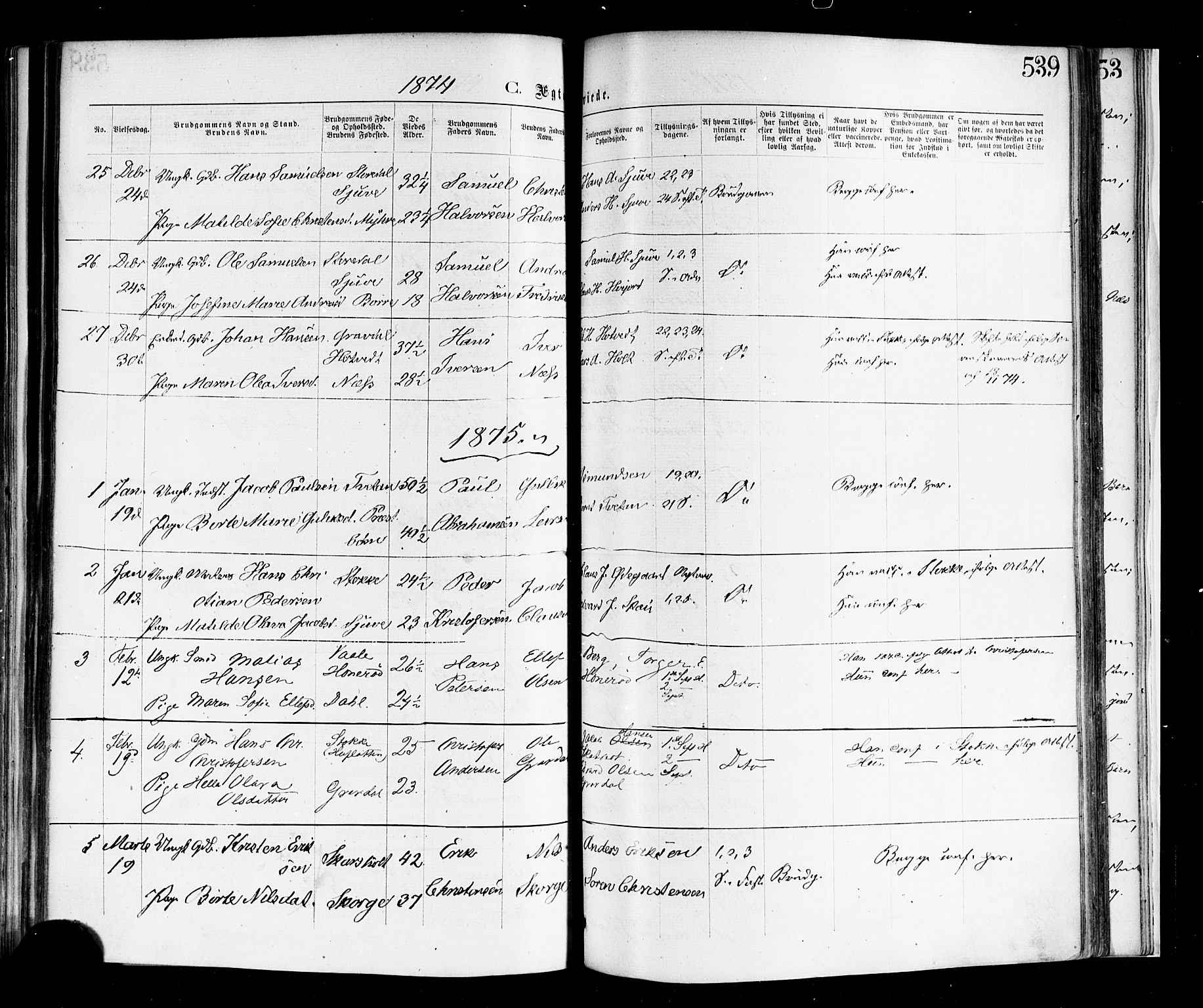 Andebu kirkebøker, SAKO/A-336/F/Fa/L0006: Parish register (official) no. 6, 1871-1878, p. 539