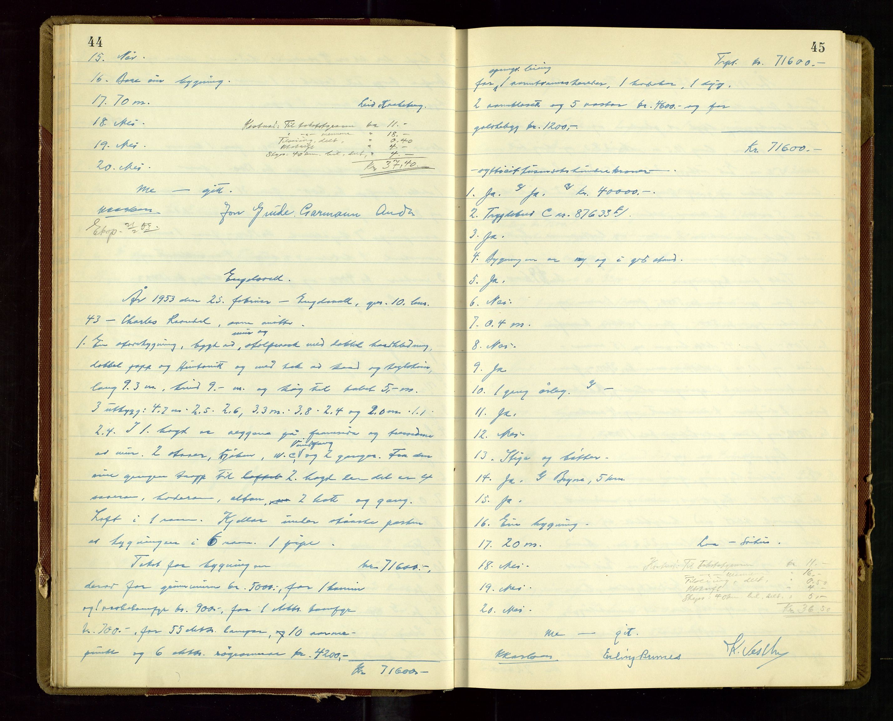 Klepp lensmannskontor, AV/SAST-A-100163/Gob/L0009: "Branntakstprotokoll", 1952-1955, p. 44-45