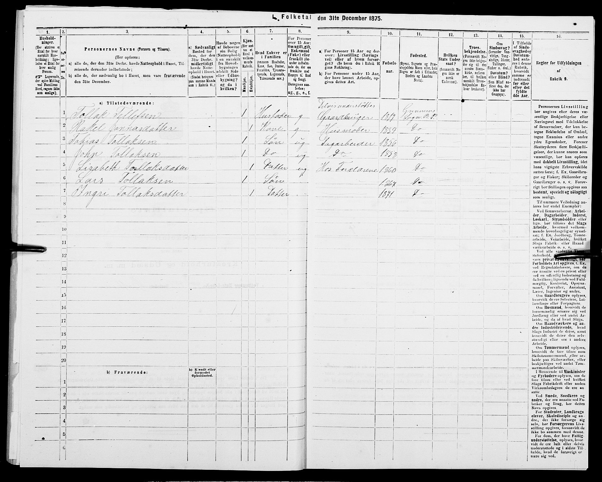 SAK, 1875 census for 1024P Bjelland, 1875, p. 493