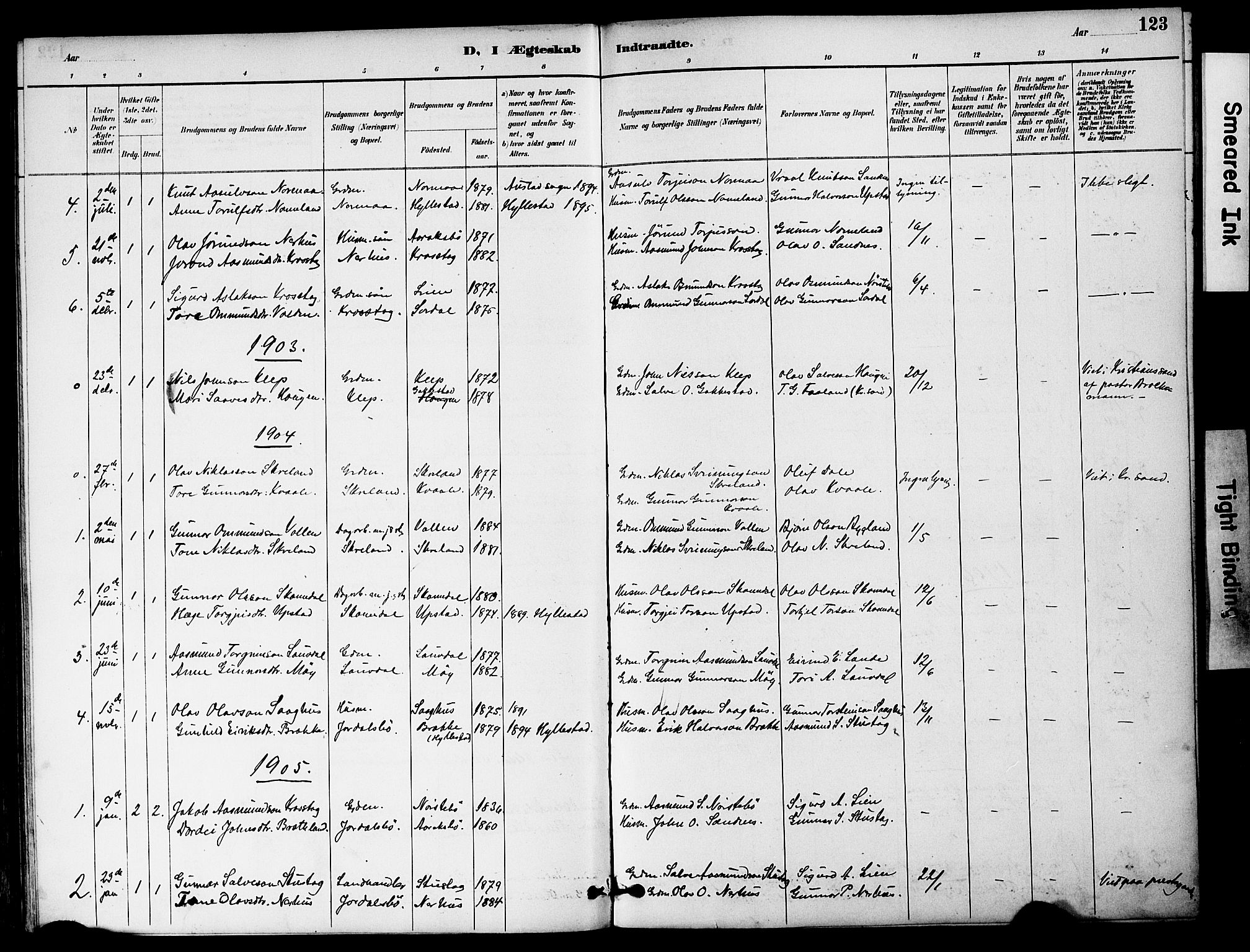 Bygland sokneprestkontor, SAK/1111-0006/F/Fa/Fab/L0007: Parish register (official) no. A 7, 1885-1909, p. 123