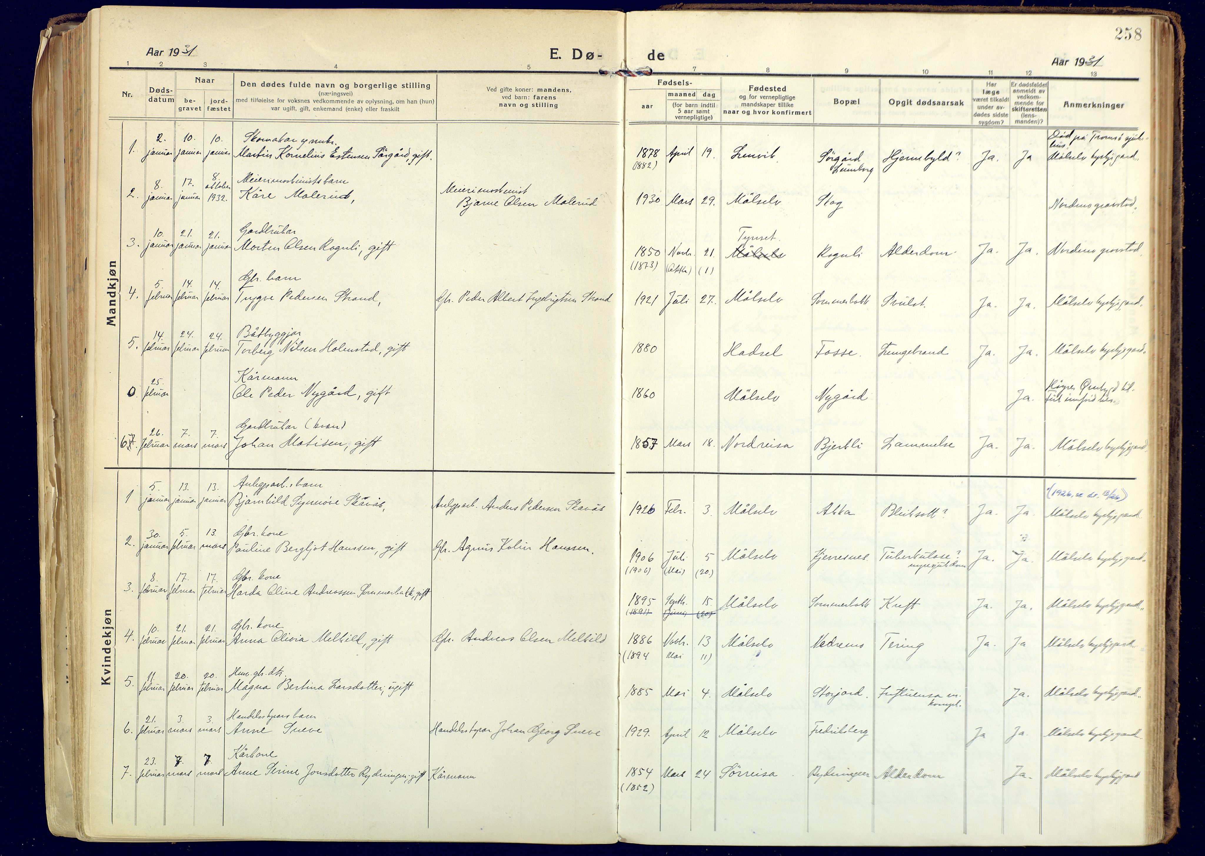 Målselv sokneprestembete, SATØ/S-1311/G/Ga/Gaa/L0014kirke: Parish register (official) no. 14, 1919-1932, p. 258