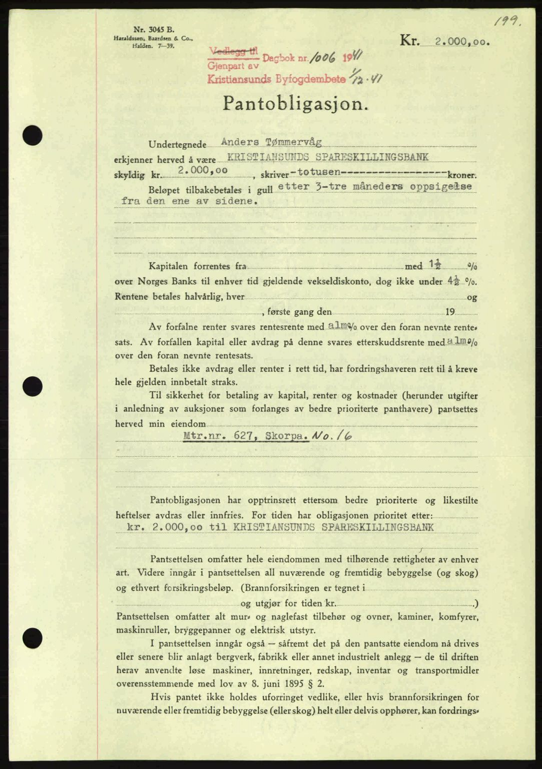 Kristiansund byfogd, AV/SAT-A-4587/A/27: Mortgage book no. 35, 1941-1942, Diary no: : 1006/1941