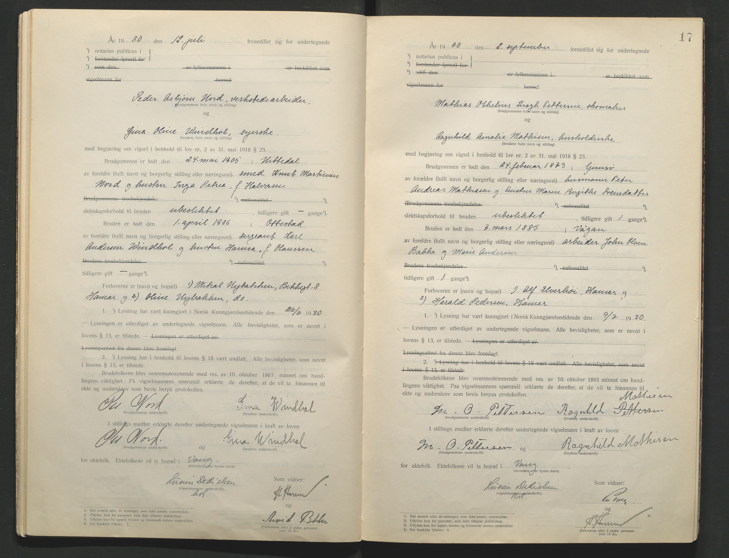 Nord-Hedmark sorenskriveri, AV/SAH-TING-012/L/Lc/L0001/0001: Vigselsprotokoller / Vigselsprotokoll, 1920-1942, p. 17