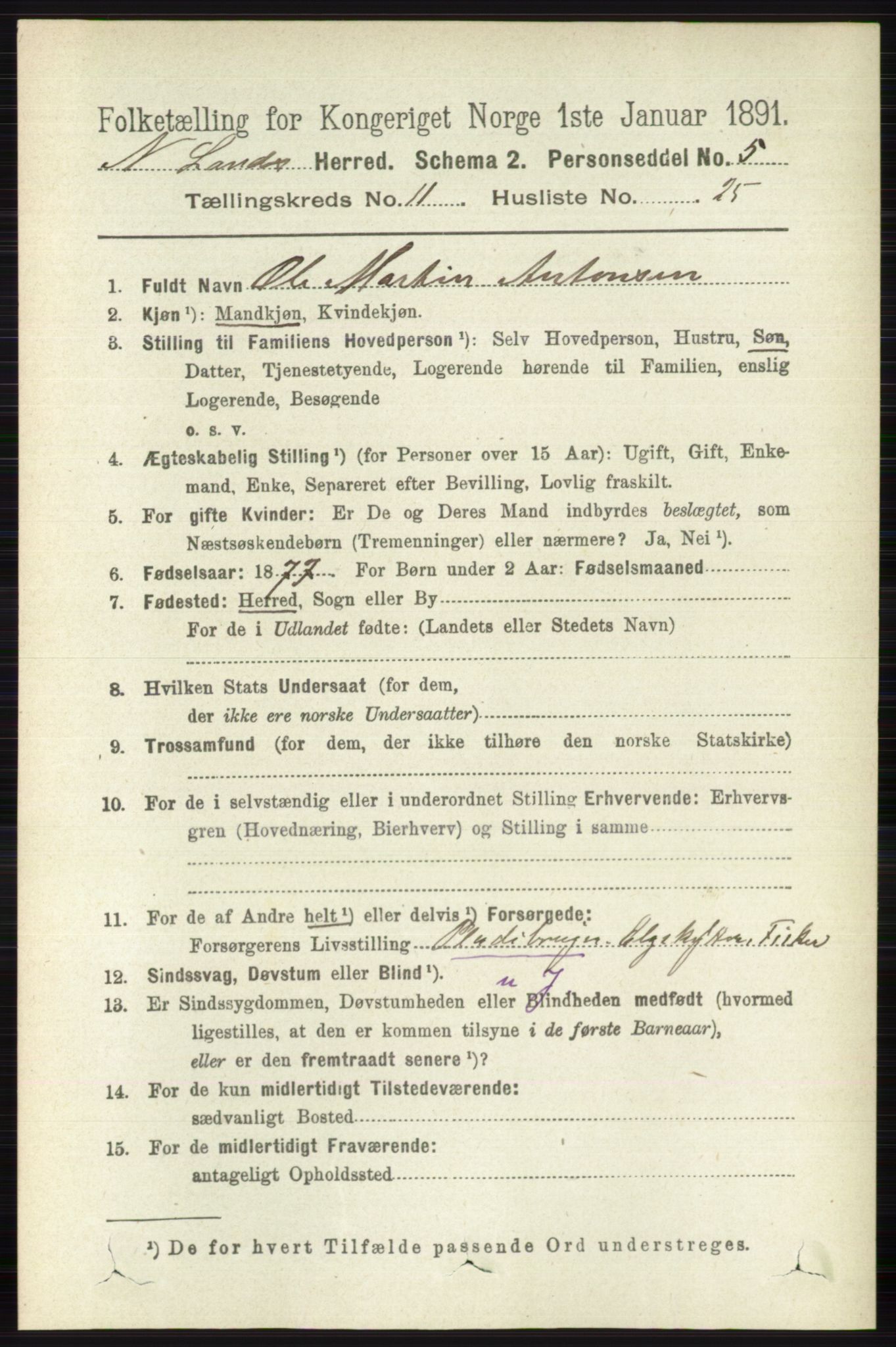 RA, 1891 census for 0538 Nordre Land, 1891, p. 3165